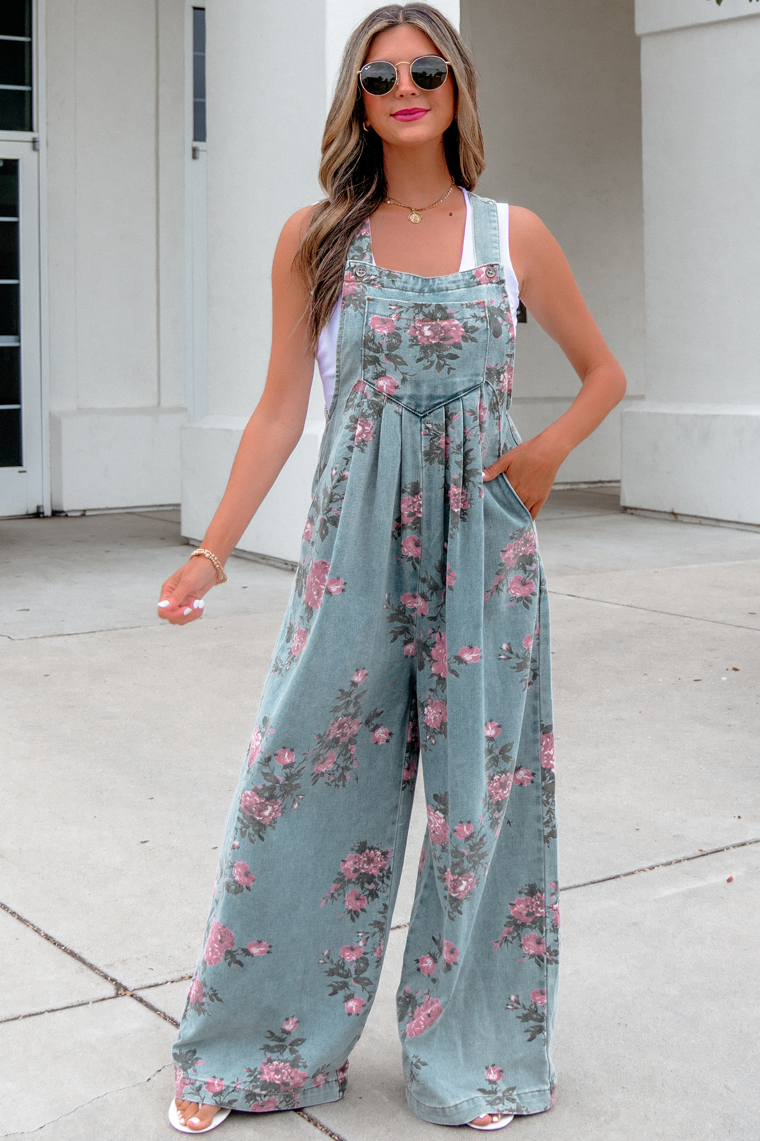 Gray Beau Floral Print Pleated High Waist Wide Leg Denim Jumpsuit - Image 9