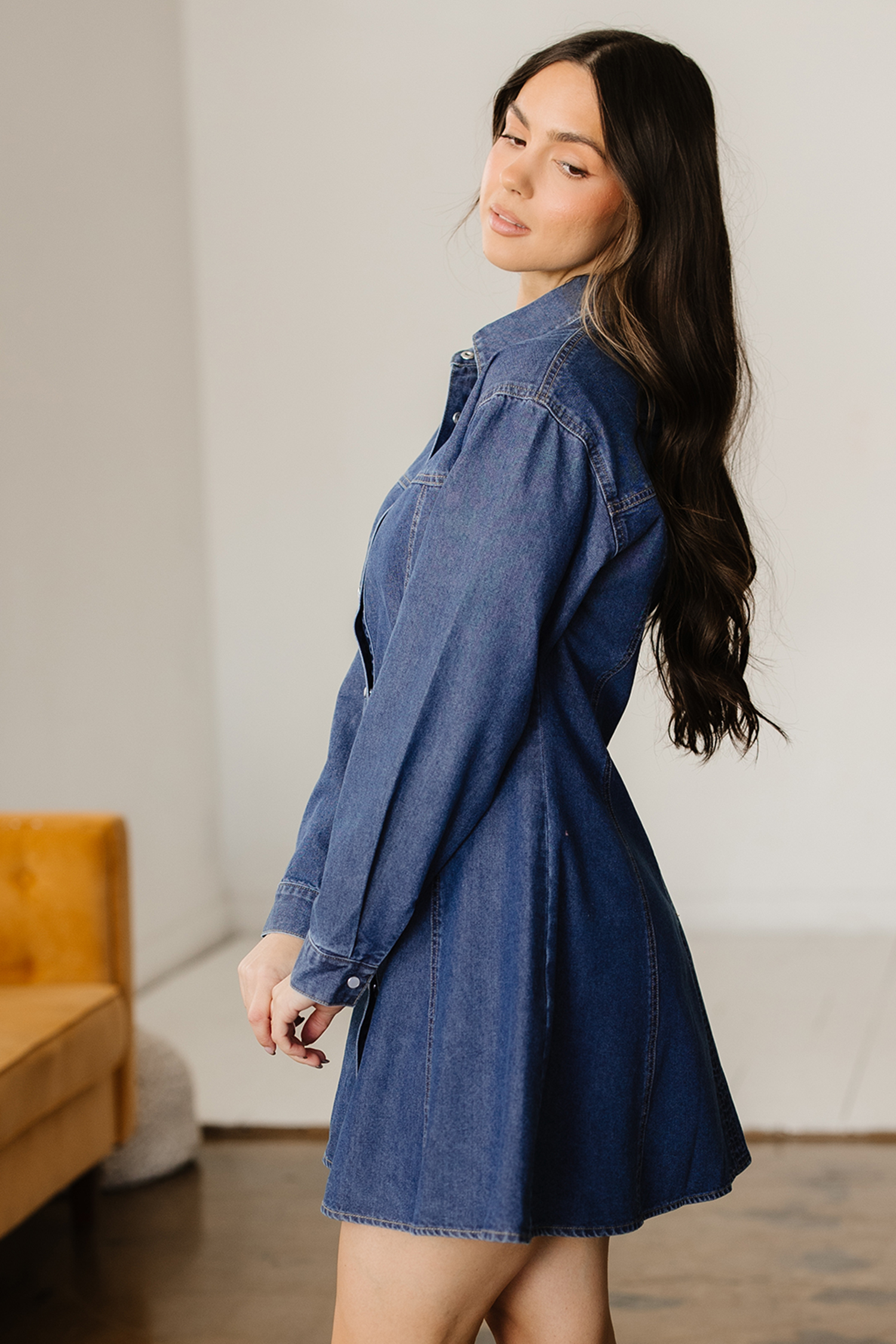 Ashleigh Blue Denim Shirt Collar Long Sleeve Flared Mini Dress - Image 4