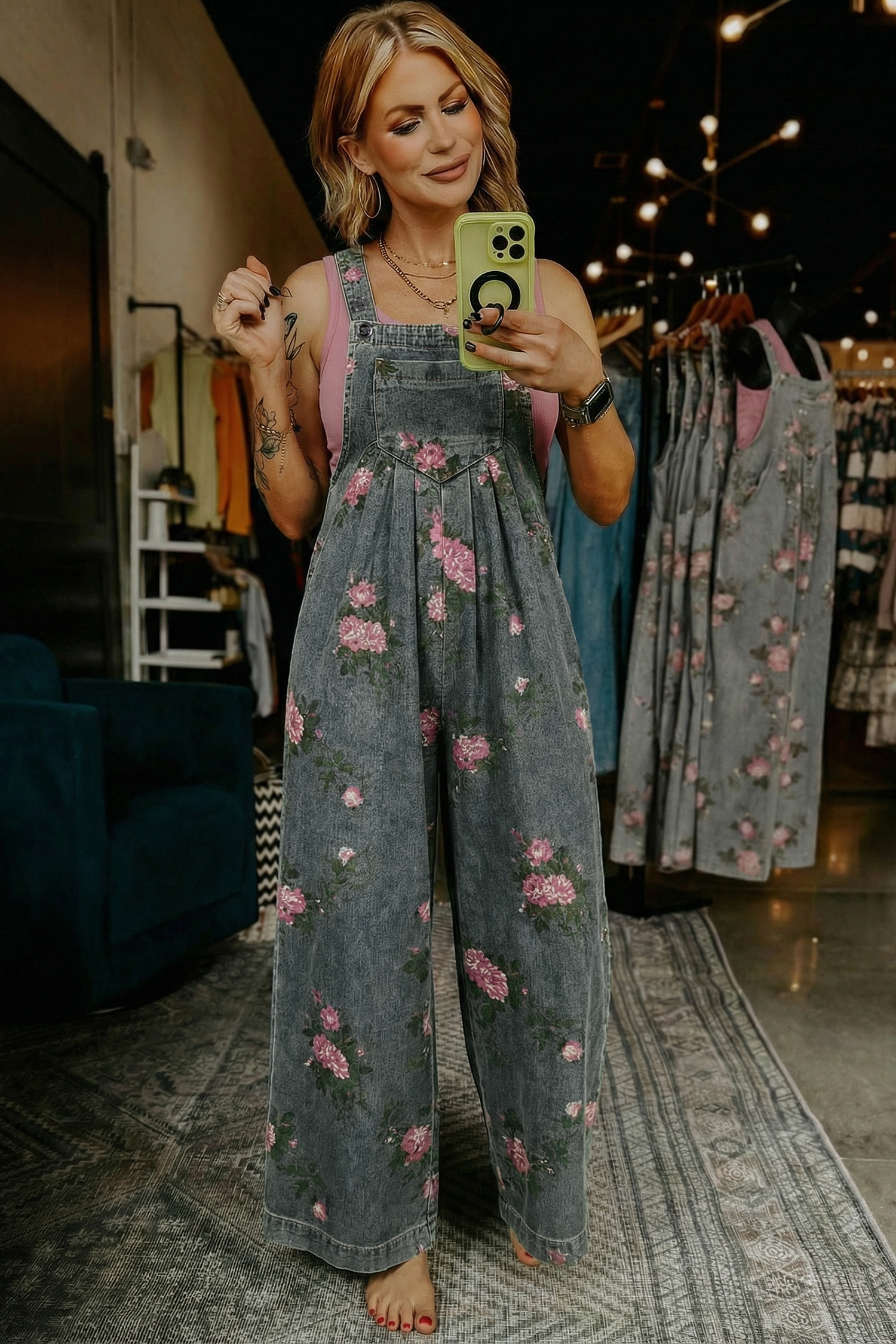 Gray Beau Floral Print Pleated High Waist Wide Leg Denim Jumpsuit - Image 3