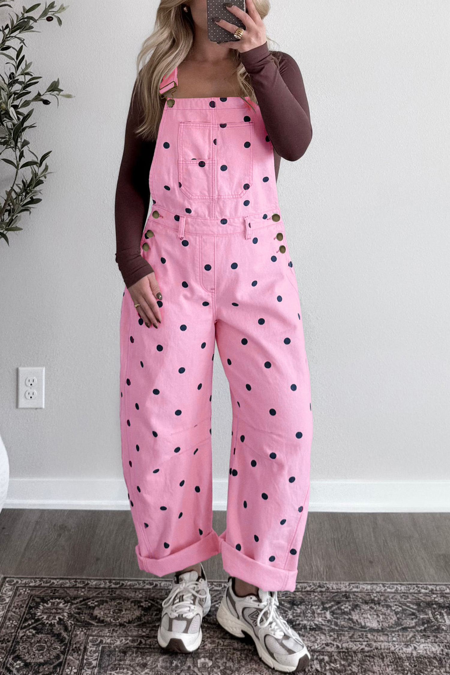 Light French Beige Polka Dot Print Bib Pocket Denim Barrel Overalls Jumpsuit - Image 9