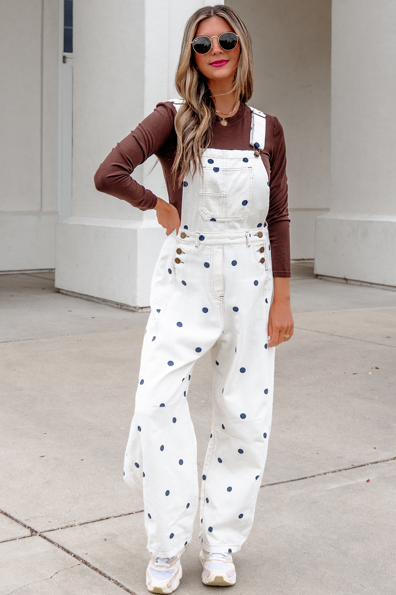 Light French Beige Polka Dot Print Bib Pocket Denim Barrel Overalls Jumpsuit - Image 5