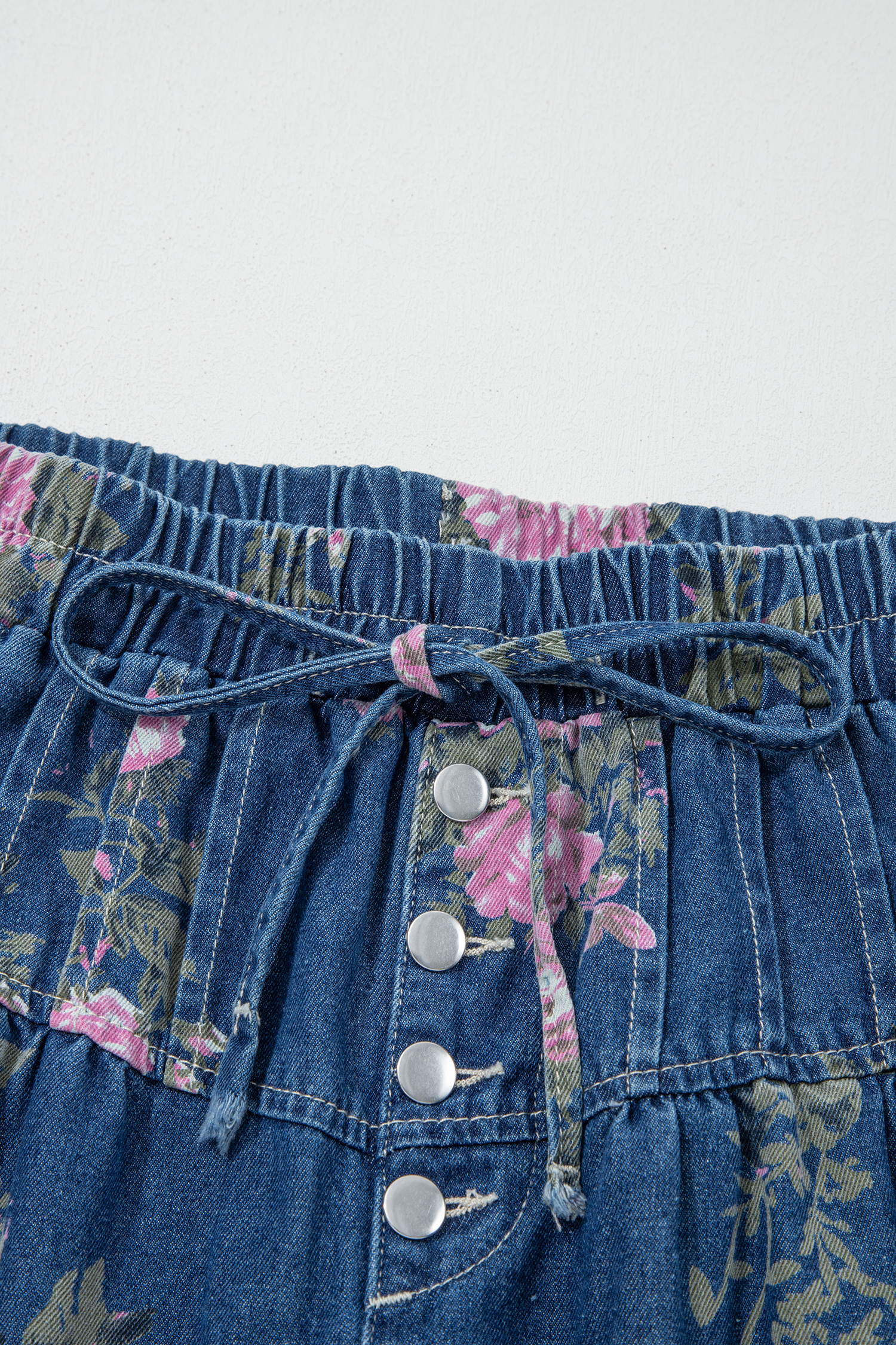 Blue Retro Floral Print Tie Elastic Waist Button Pintuck Wide Leg Jeans - Image 6
