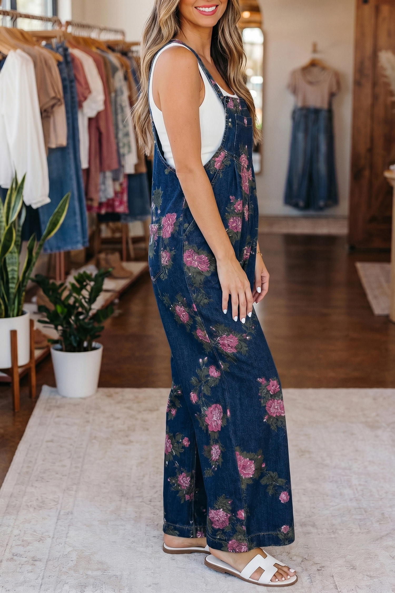 Gray Beau Floral Print Pleated High Waist Wide Leg Denim Jumpsuit - Image 5