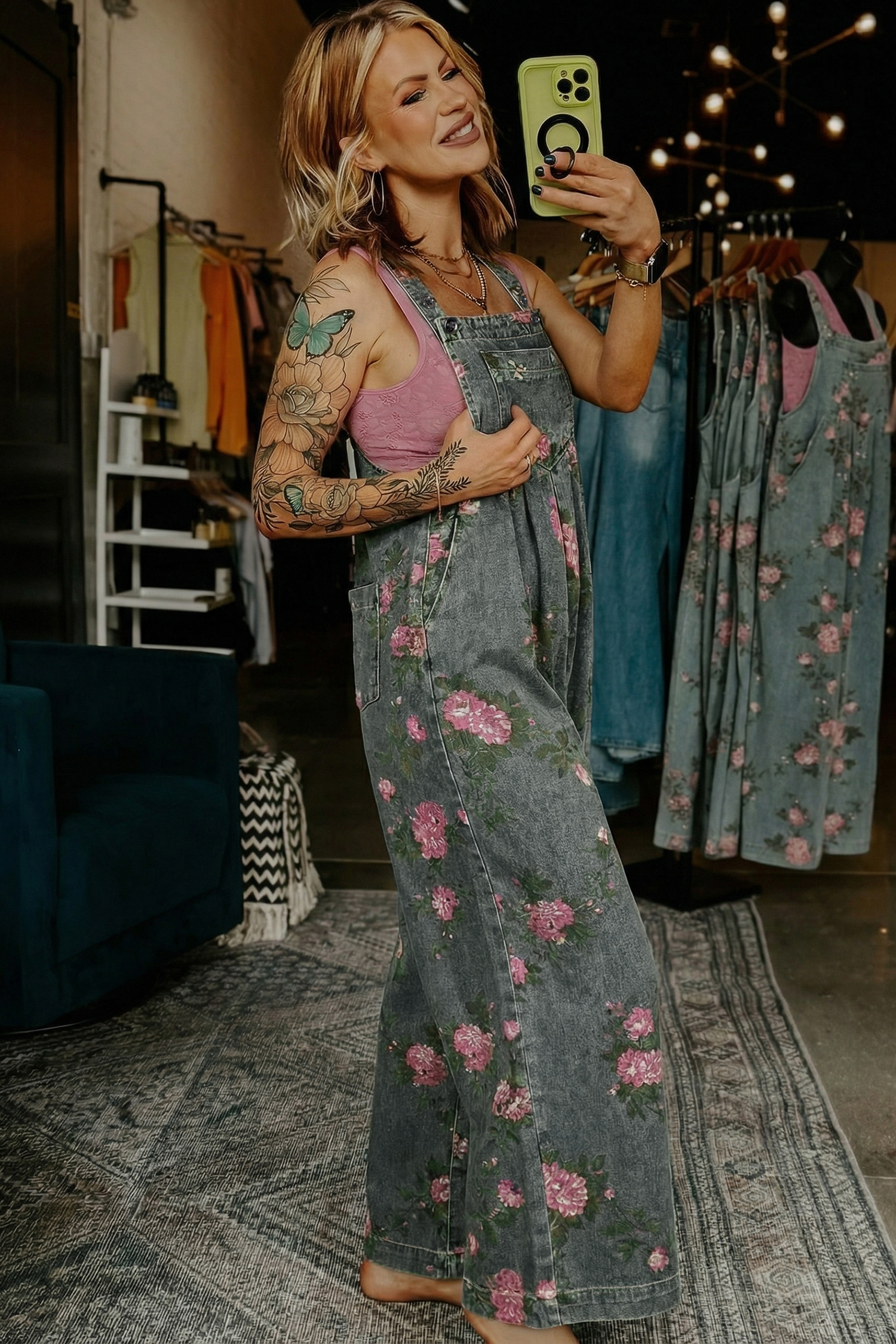 Gray Beau Floral Print Pleated High Waist Wide Leg Denim Jumpsuit - Image 2