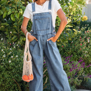 Dusk Blue Pleated Wide Leg Retro Pocketed Denim Jumpsuit