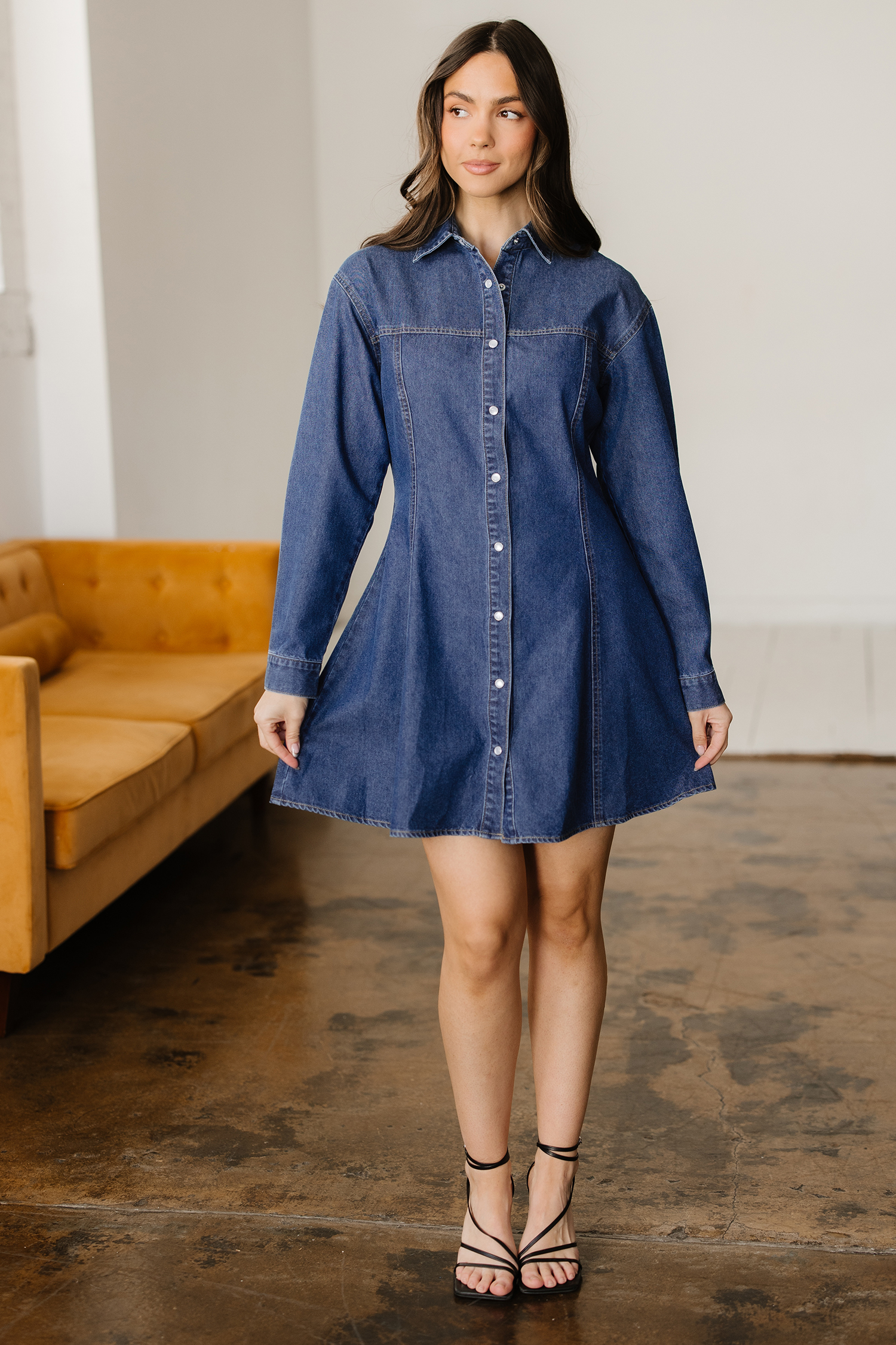 Ashleigh Blue Denim Shirt Collar Long Sleeve Flared Mini Dress - Image 6