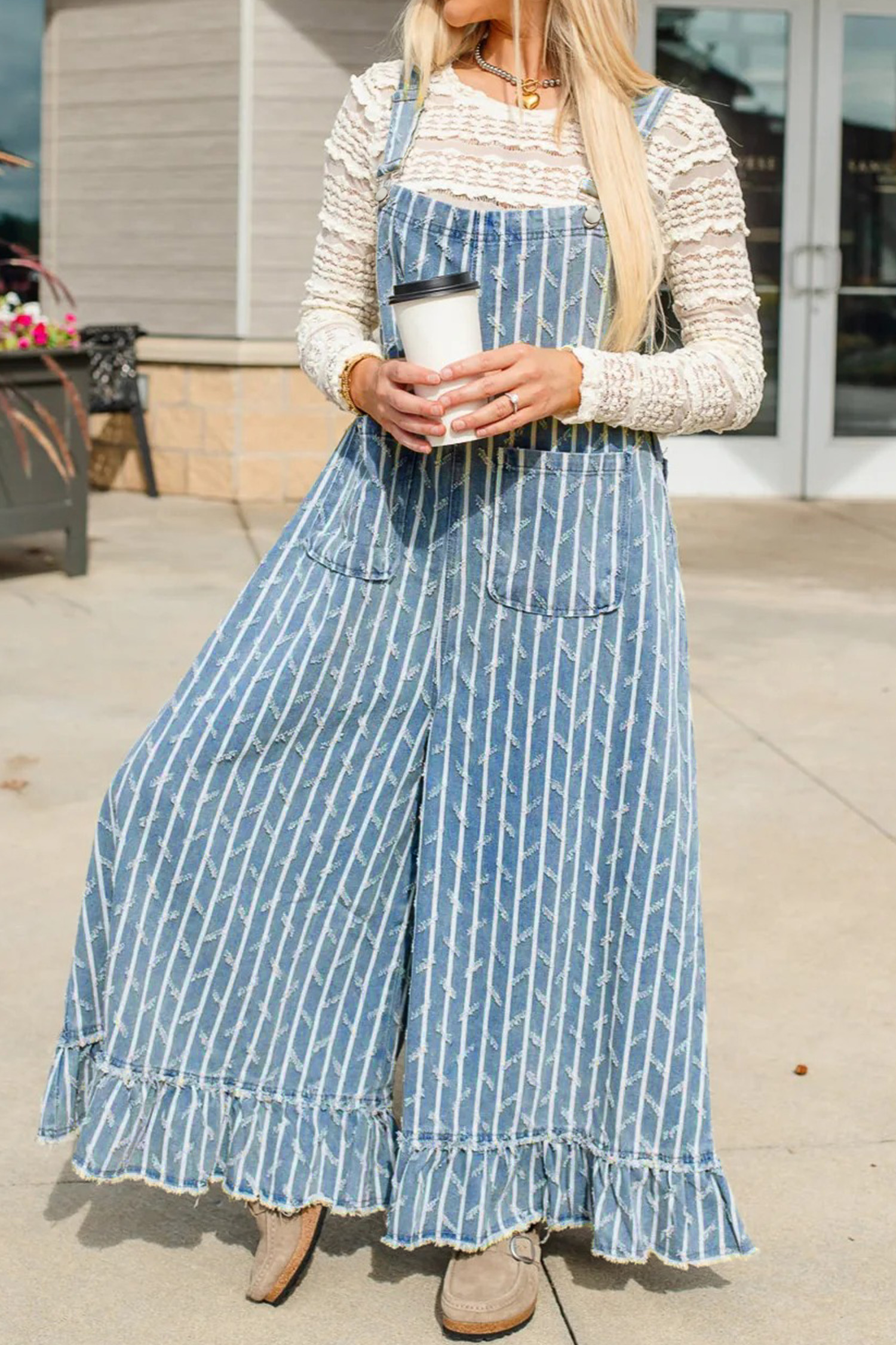 Myosotis Striped Distressed Ruffled Wide Leg Denim Overalls - Image 4