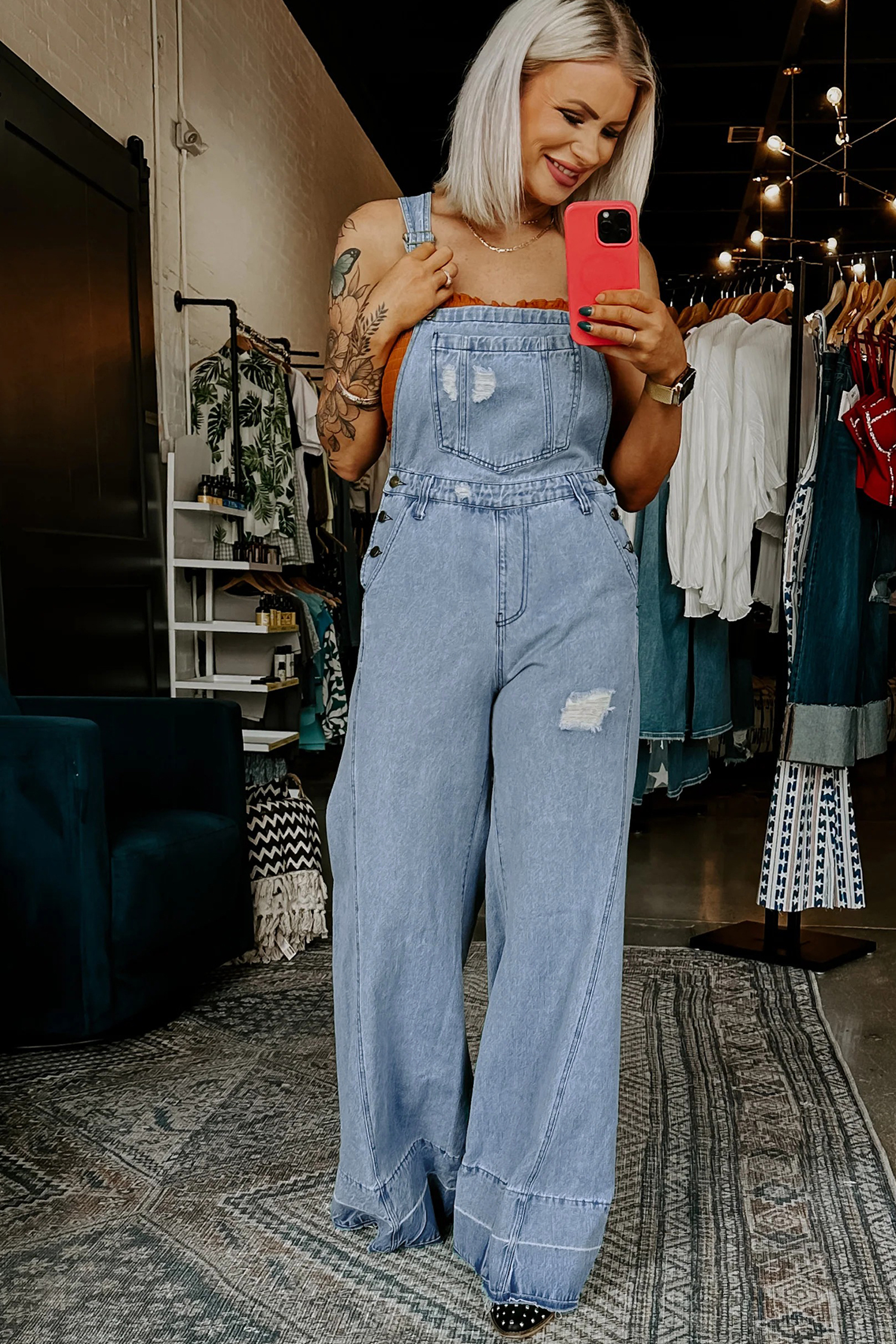 Mist Blue Retro Distressed Button Adjustable Straps Denim Overall Jumpsuit - Image 5