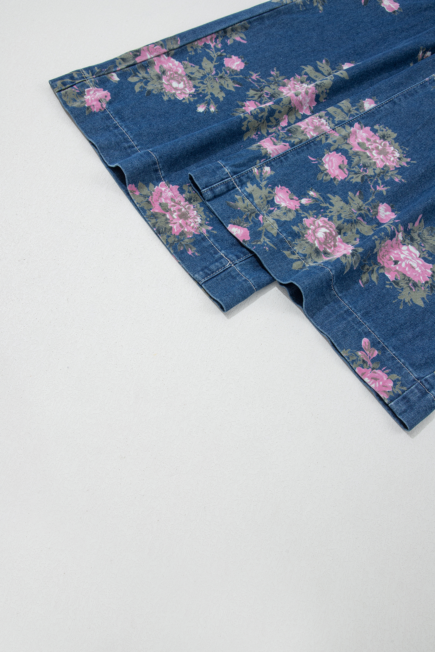 Blue Retro Floral Print Tie Elastic Waist Button Pintuck Wide Leg Jeans - Image 7