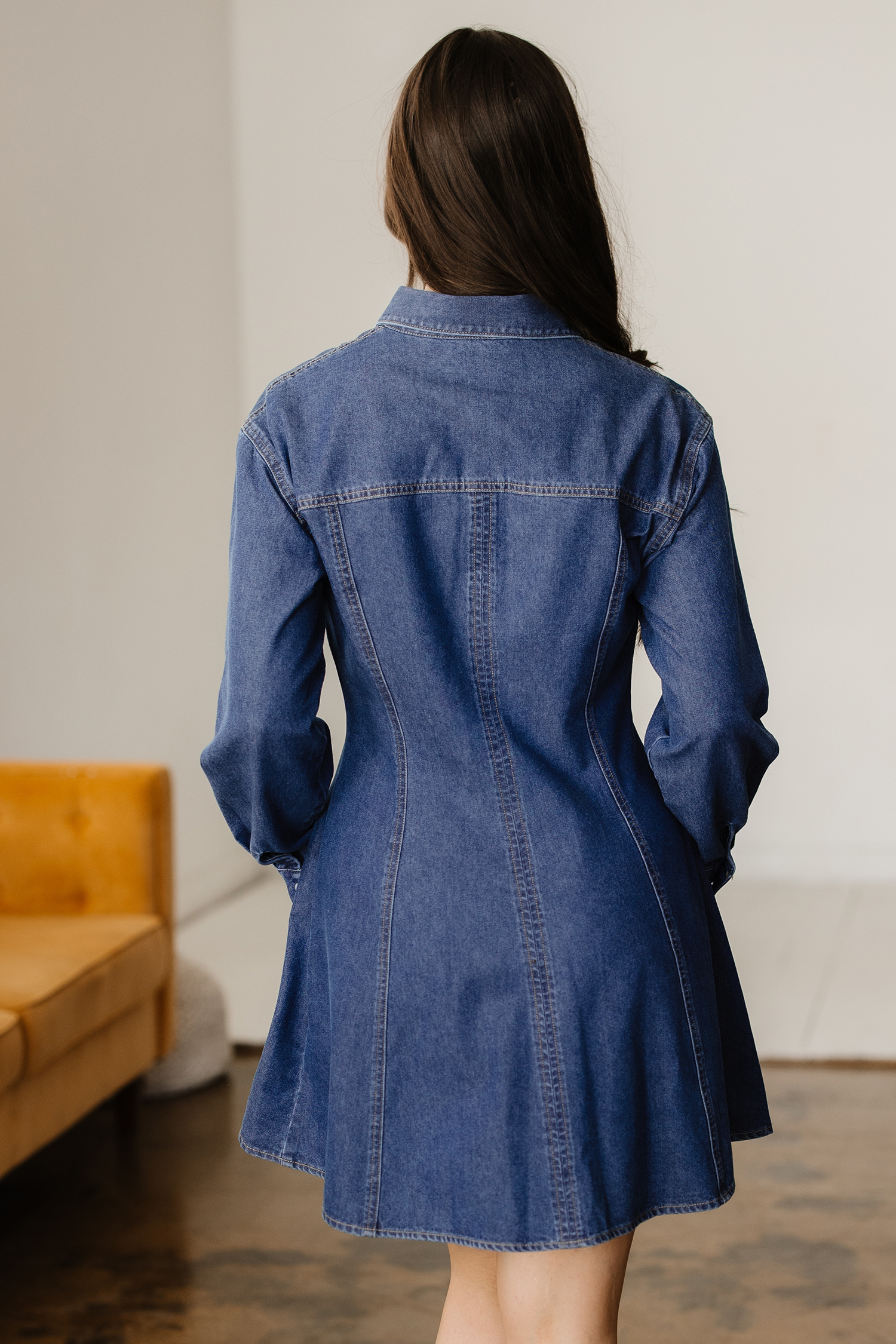 Ashleigh Blue Denim Shirt Collar Long Sleeve Flared Mini Dress - Image 3