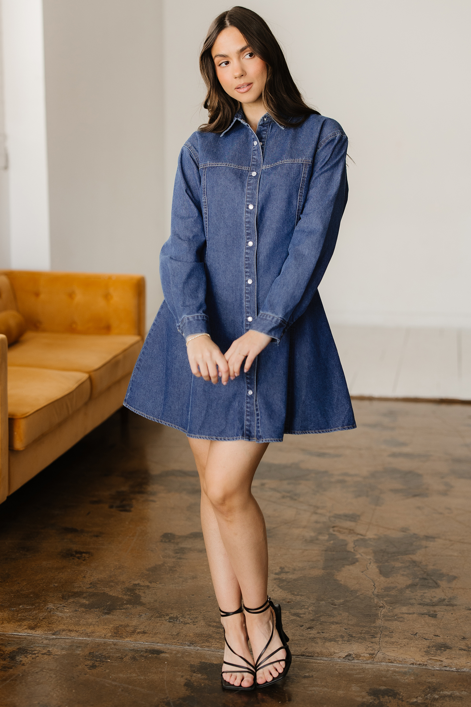 Ashleigh Blue Denim Shirt Collar Long Sleeve Flared Mini Dress - Image 5