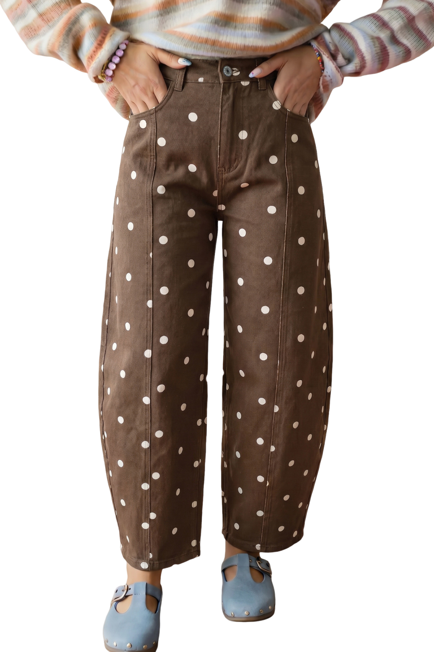 Brown Tailored Seam Polka Dot Print Barrel Casual Jeans - Image 19