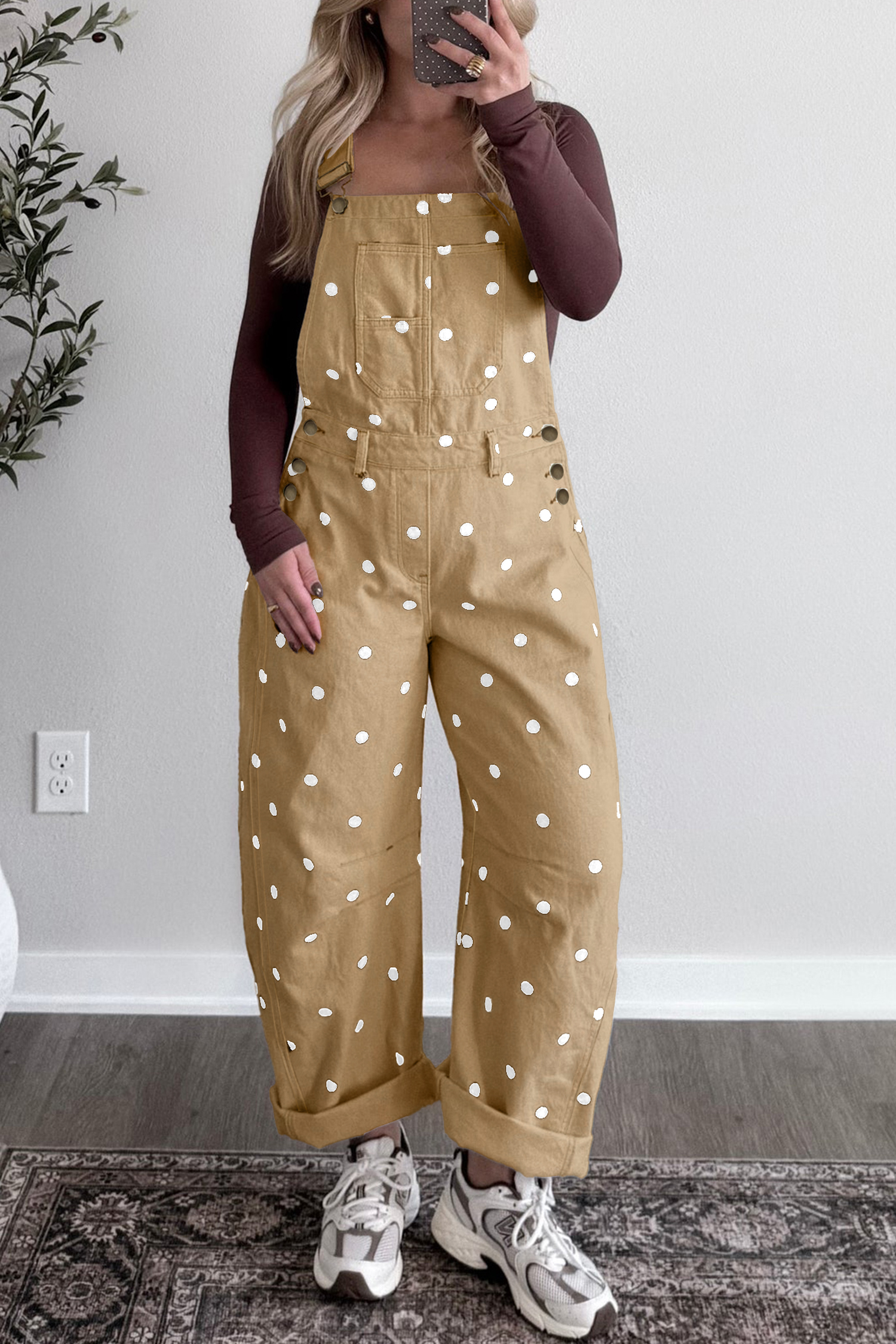 Light French Beige Polka Dot Print Bib Pocket Denim Barrel Overalls Jumpsuit - Image 3