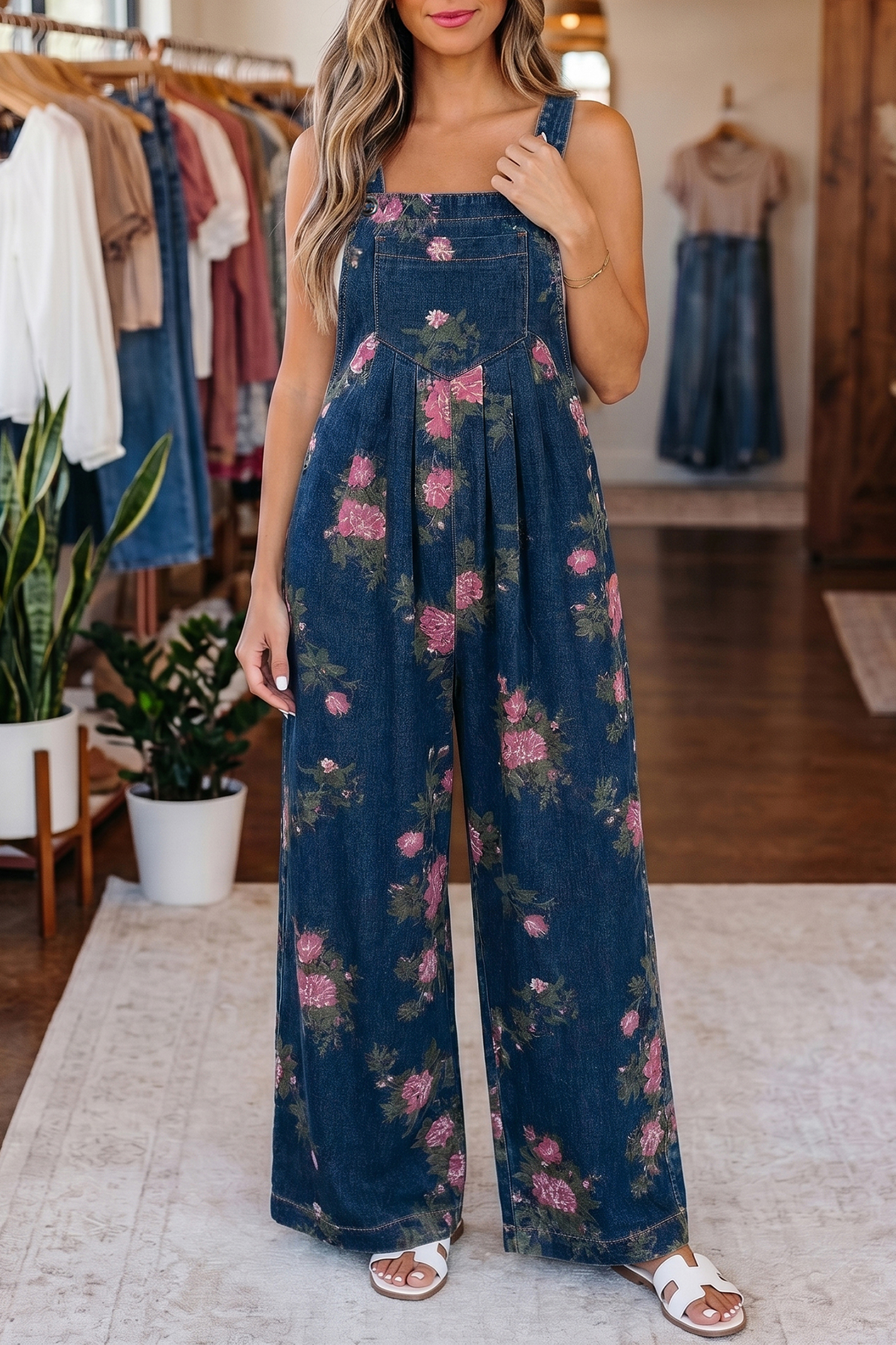 Gray Beau Floral Print Pleated High Waist Wide Leg Denim Jumpsuit - Image 4