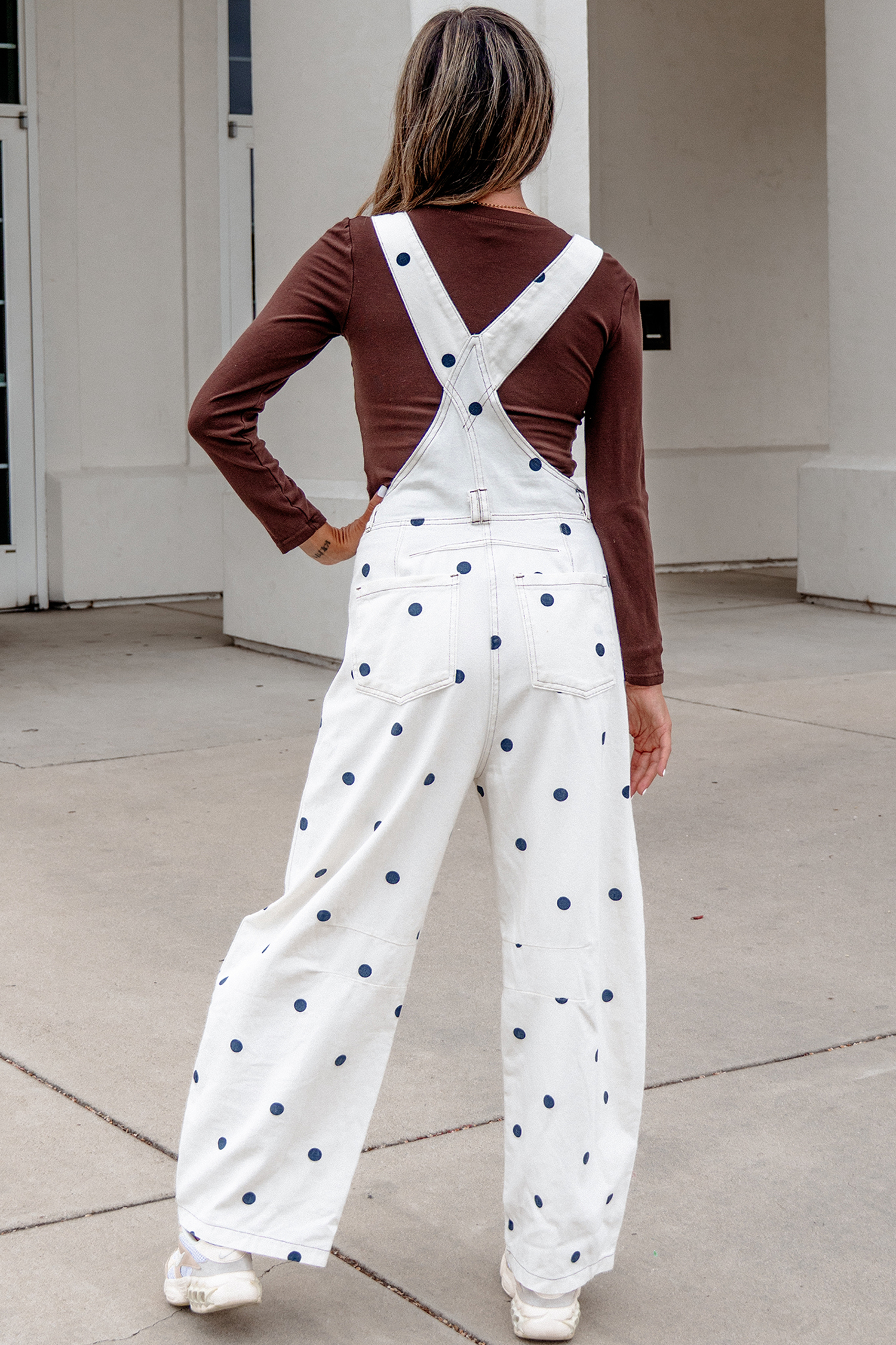 Light French Beige Polka Dot Print Bib Pocket Denim Barrel Overalls Jumpsuit - Image 6