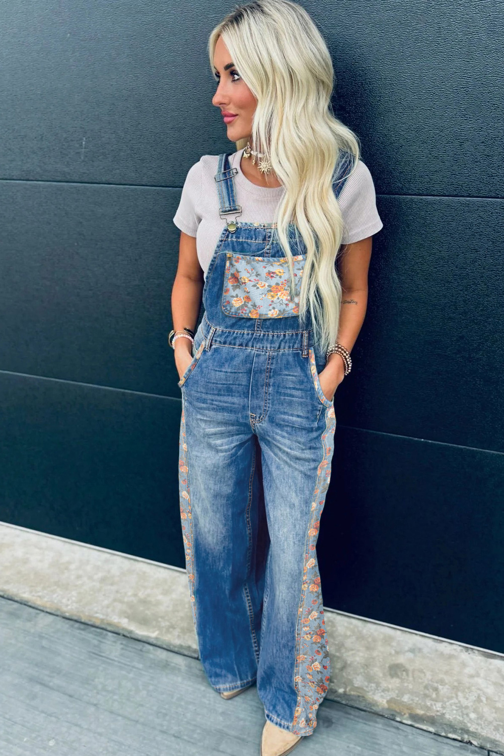Peacock Blue Floral Patchwork Bib Denim Wide Leg Overalls - Image 5