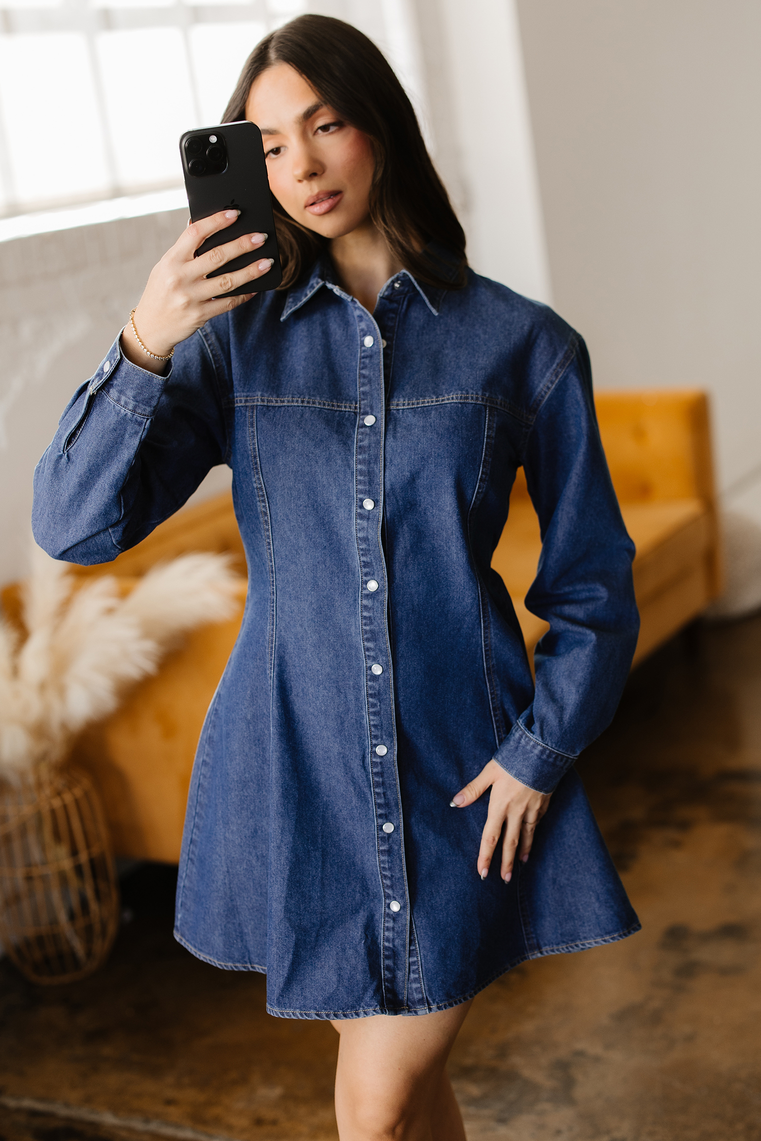 Ashleigh Blue Denim Shirt Collar Long Sleeve Flared Mini Dress - Image 8