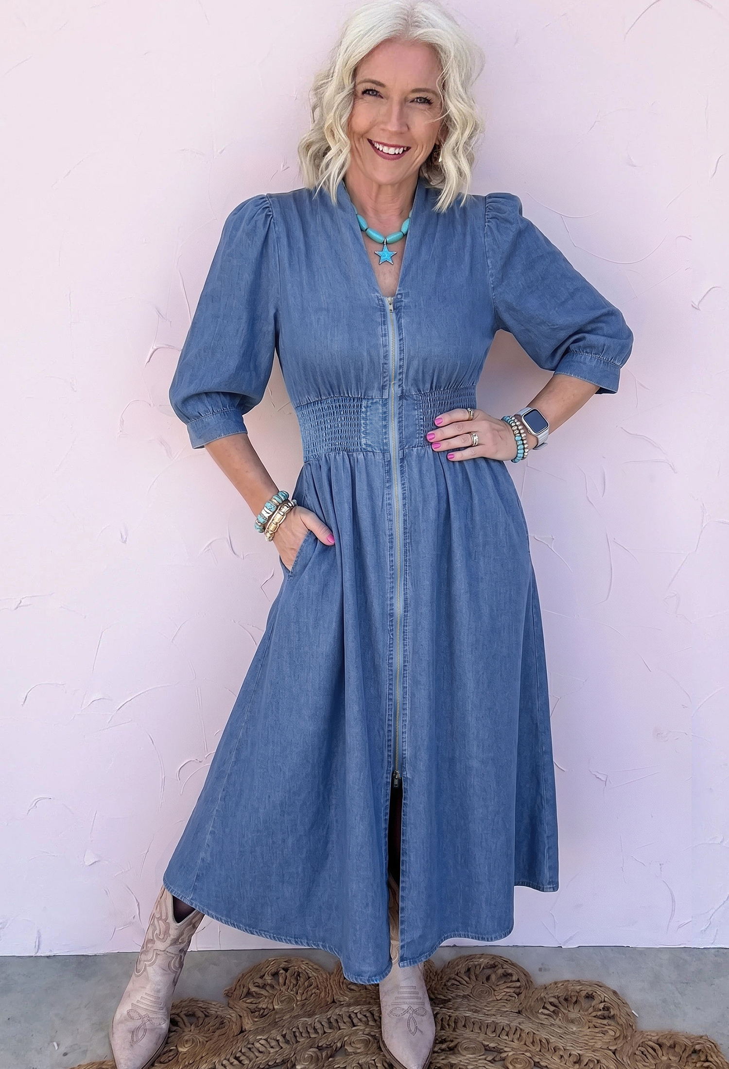 Blue V Neck Shirred Waist Metal Zipper Denim Midi Dress - Image 6