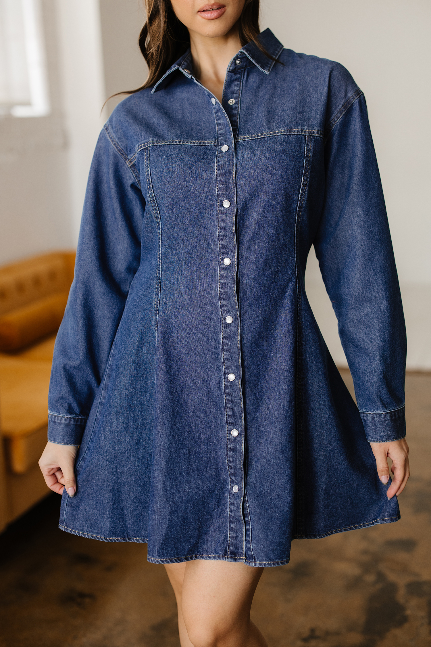 Ashleigh Blue Denim Shirt Collar Long Sleeve Flared Mini Dress - Image 2
