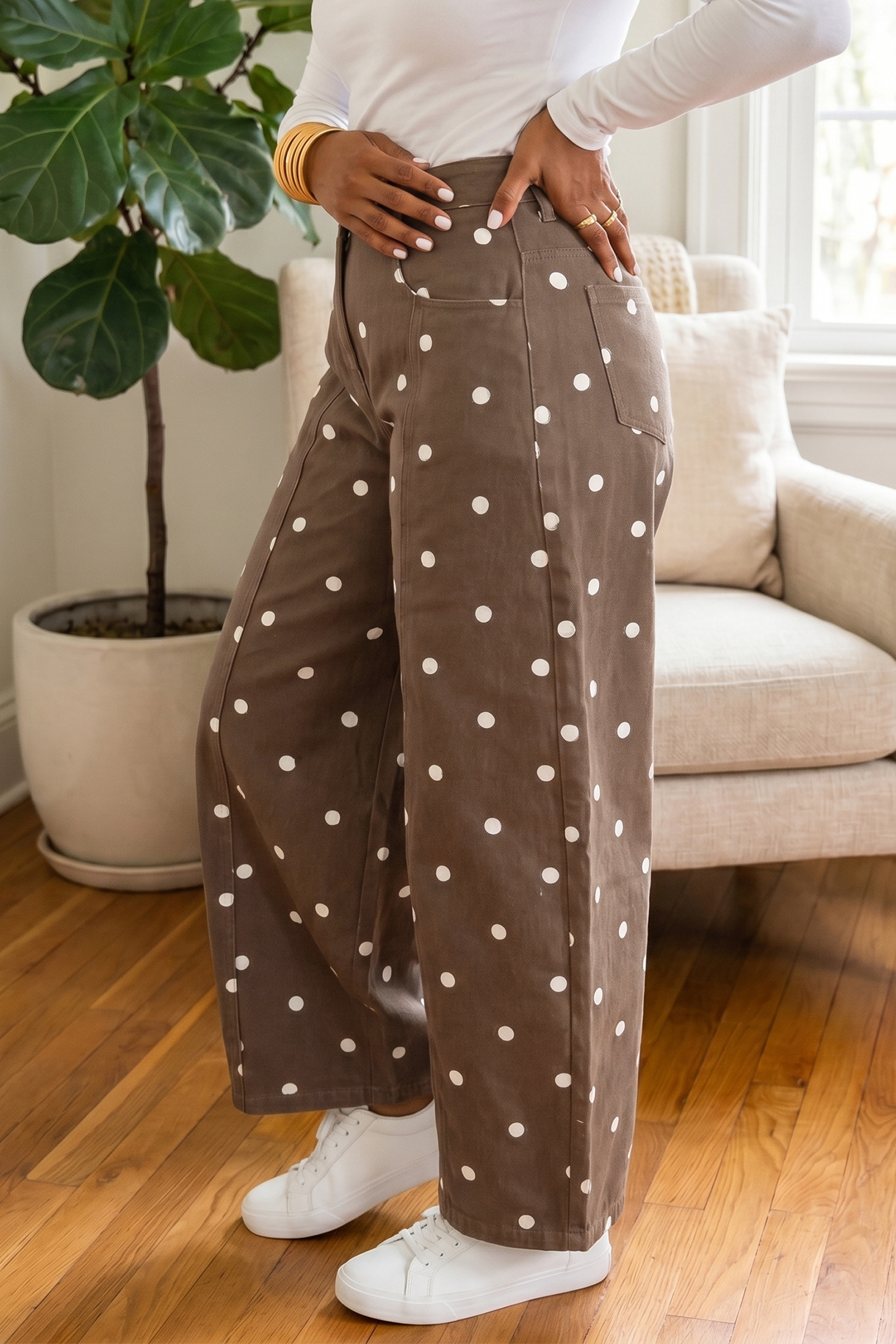 Brown Tailored Seam Polka Dot Print Barrel Casual Jeans - Image 6