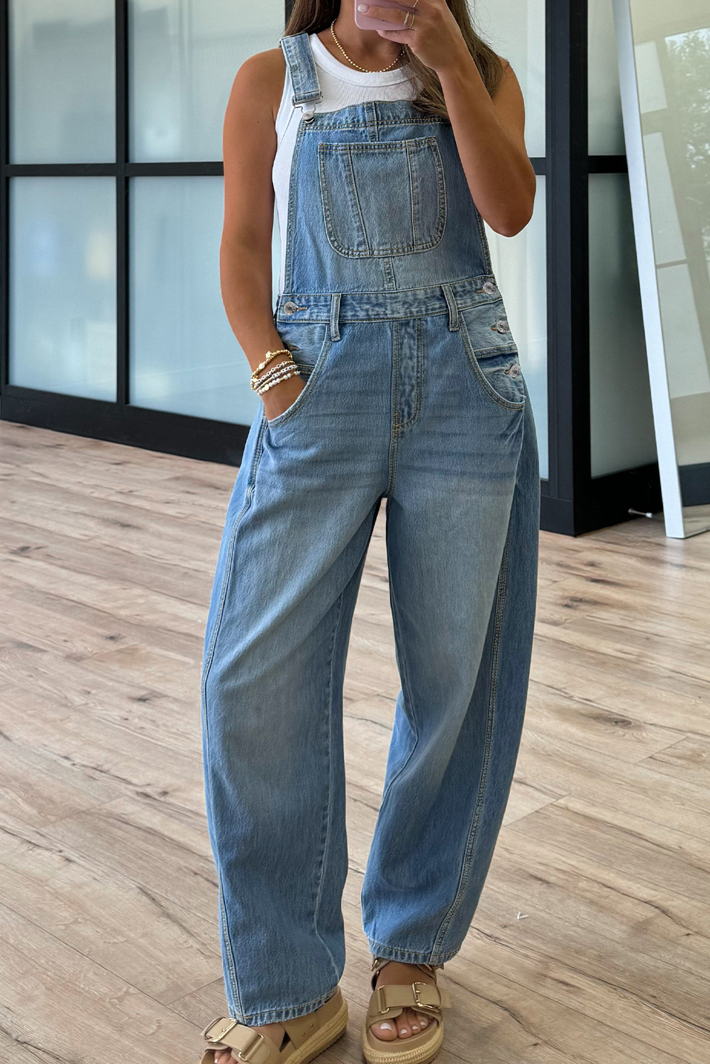 Dusk Blue Adjustable Buckle Barrel Denim Overalls - Image 3