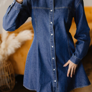 Ashleigh Blue Denim Shirt Collar Long Sleeve Flared Mini Dress