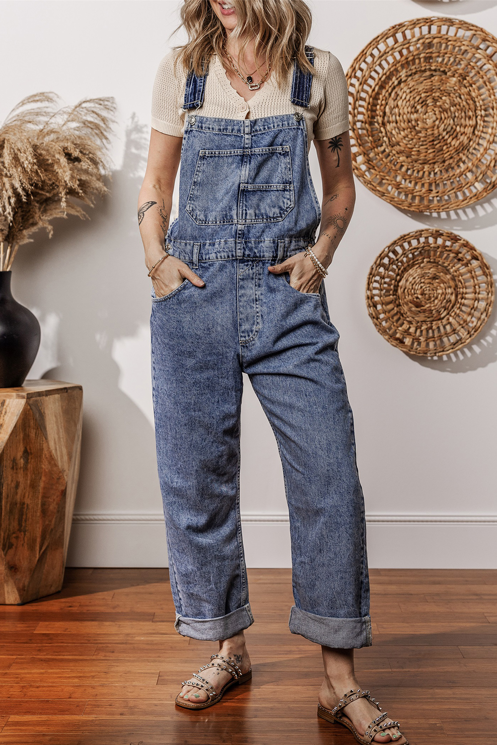 Sail Blue Denim Bib Straight Leg Jumpsuit with Pockets - Image 6