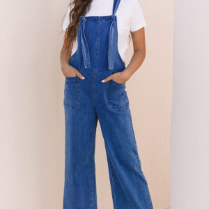 Prussian Blue Mineral Wash Knotted Strap Patched Pocket Wide Leg Denim Overall