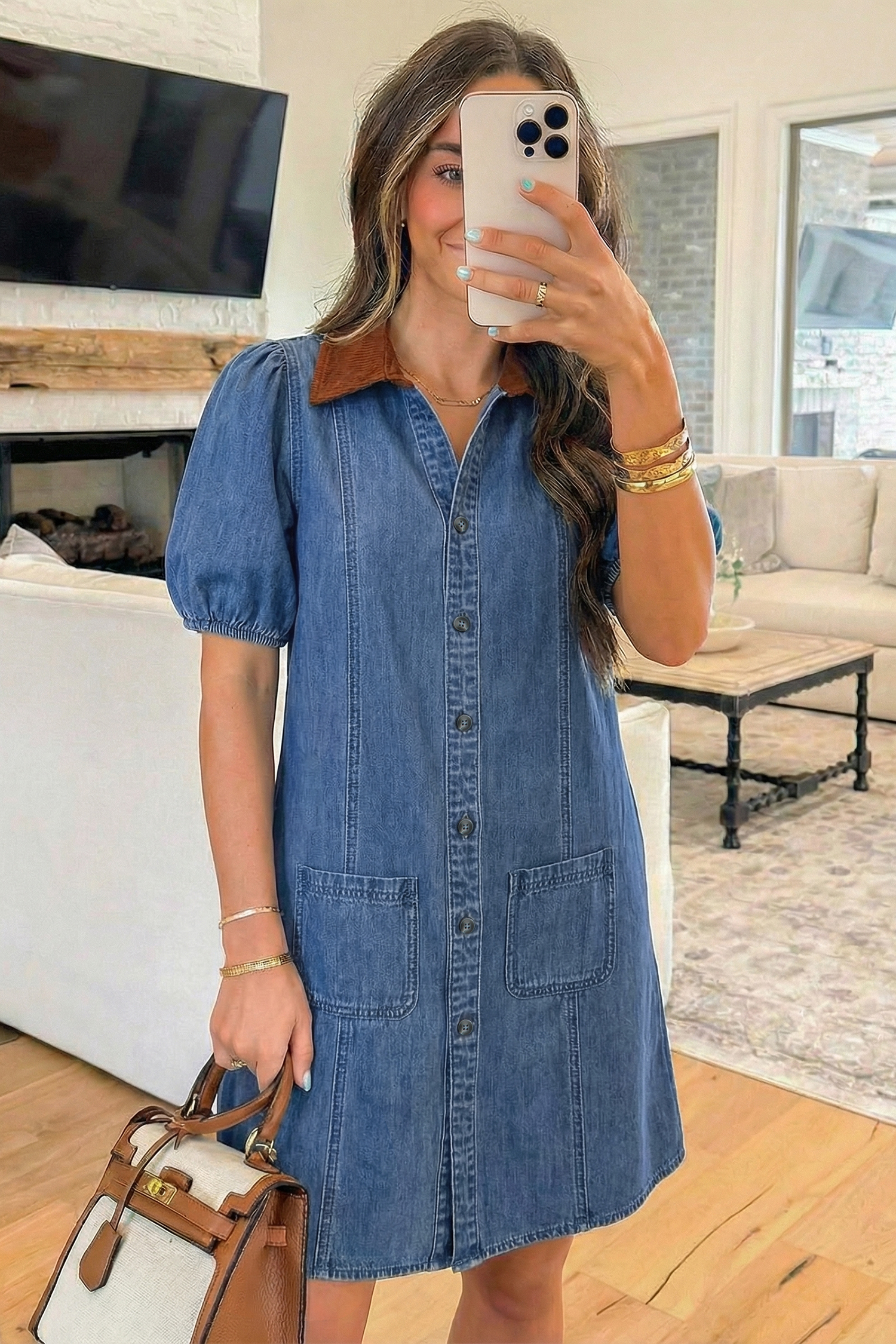 Blue Denim Short Puff Sleeve Color Block Shirt Collar Patchwork Mini Dress - Image 4