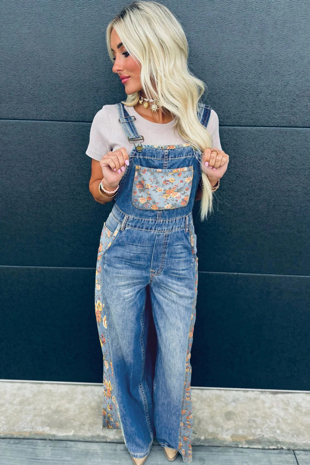 Peacock Blue Floral Patchwork Bib Denim Wide Leg Overalls - Image 6