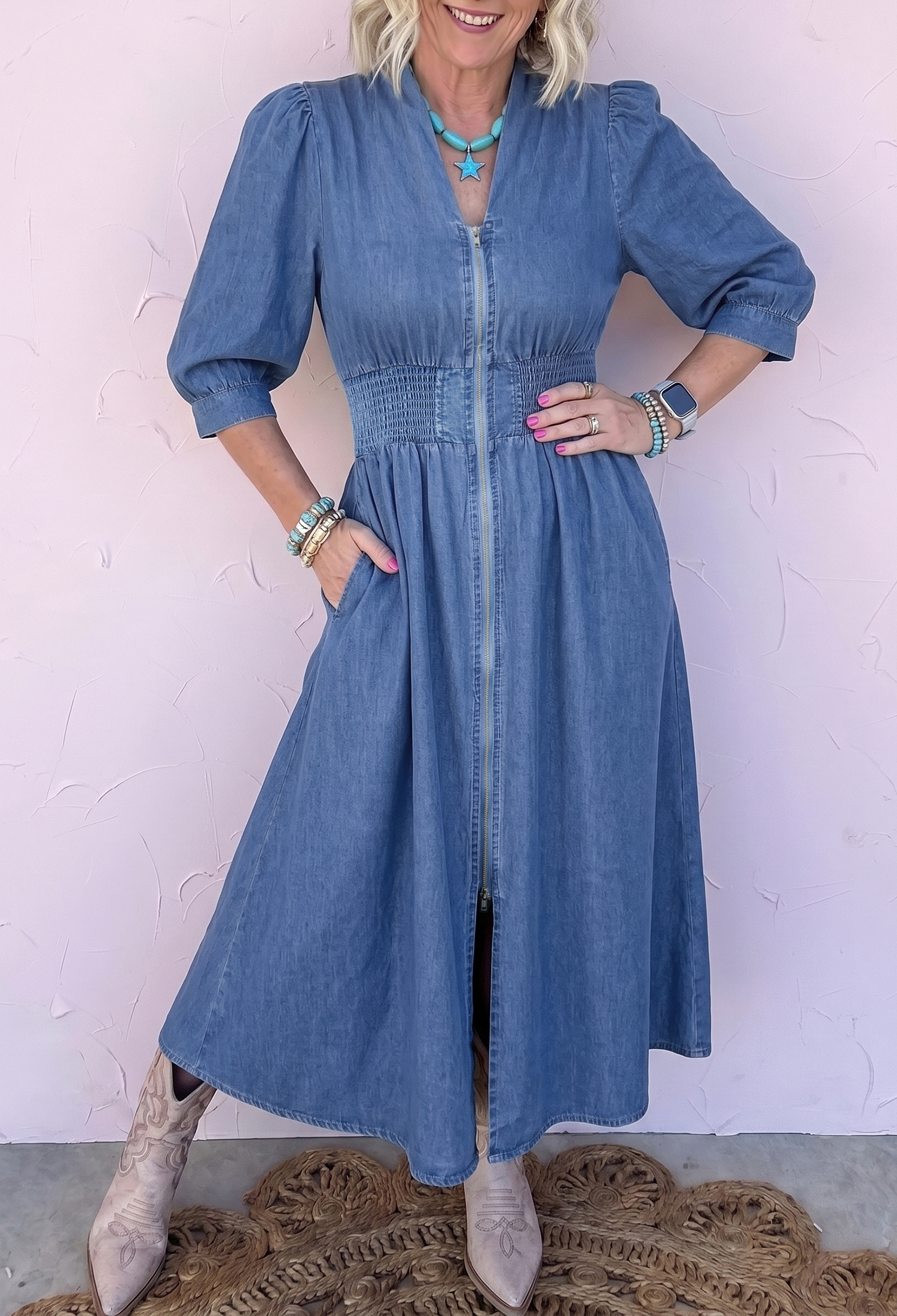 Blue V Neck Shirred Waist Metal Zipper Denim Midi Dress - Image 4
