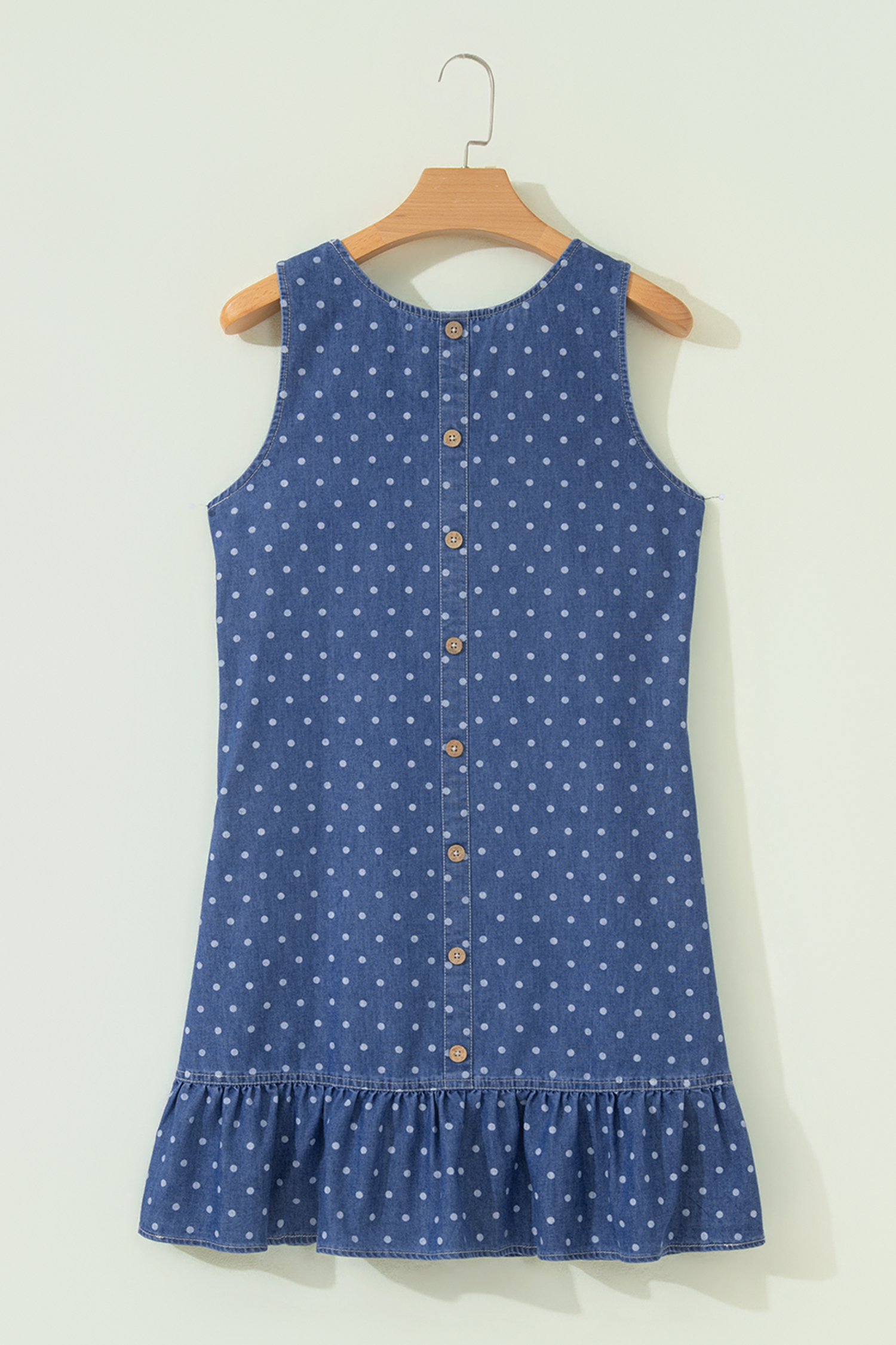 Blue Polka Dot Ruffle Hem Sleeveless Denim Mini Dress - Image 8