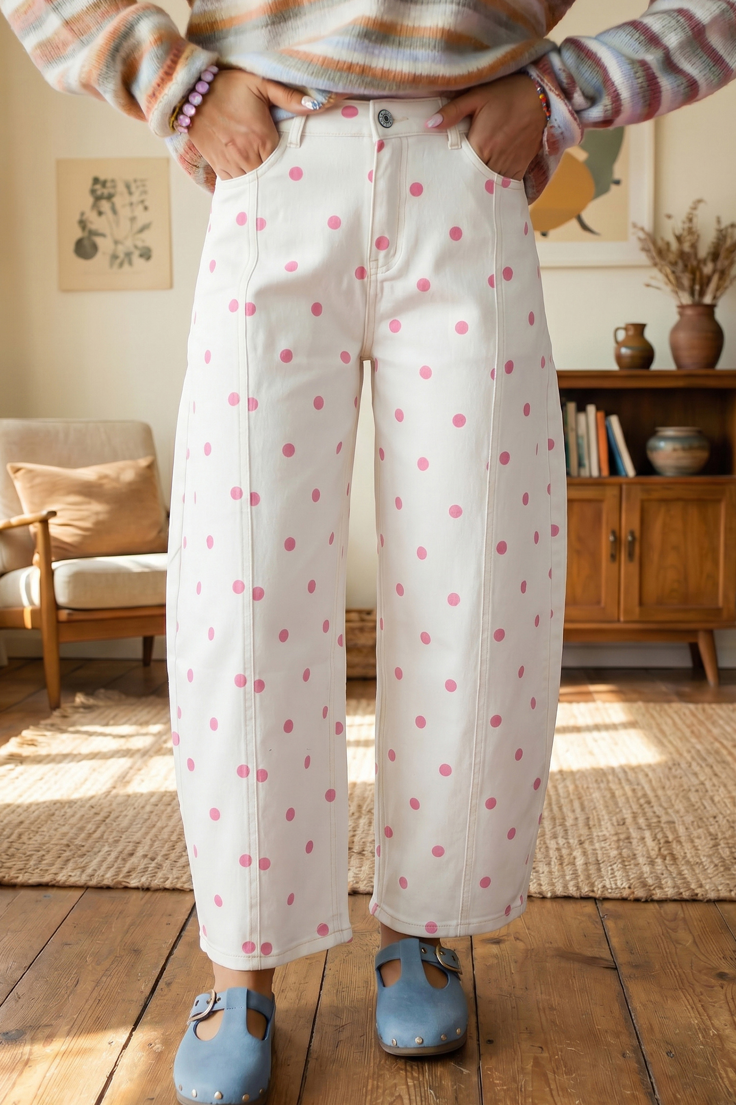 Brown Tailored Seam Polka Dot Print Barrel Casual Jeans - Image 23