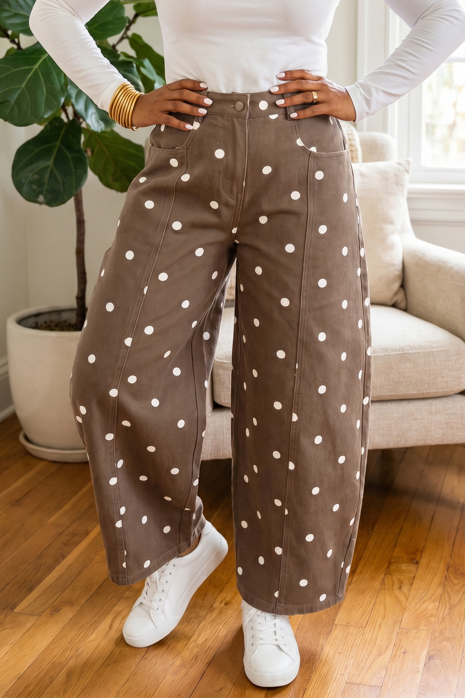 Brown Tailored Seam Polka Dot Print Barrel Casual Jeans - Image 5