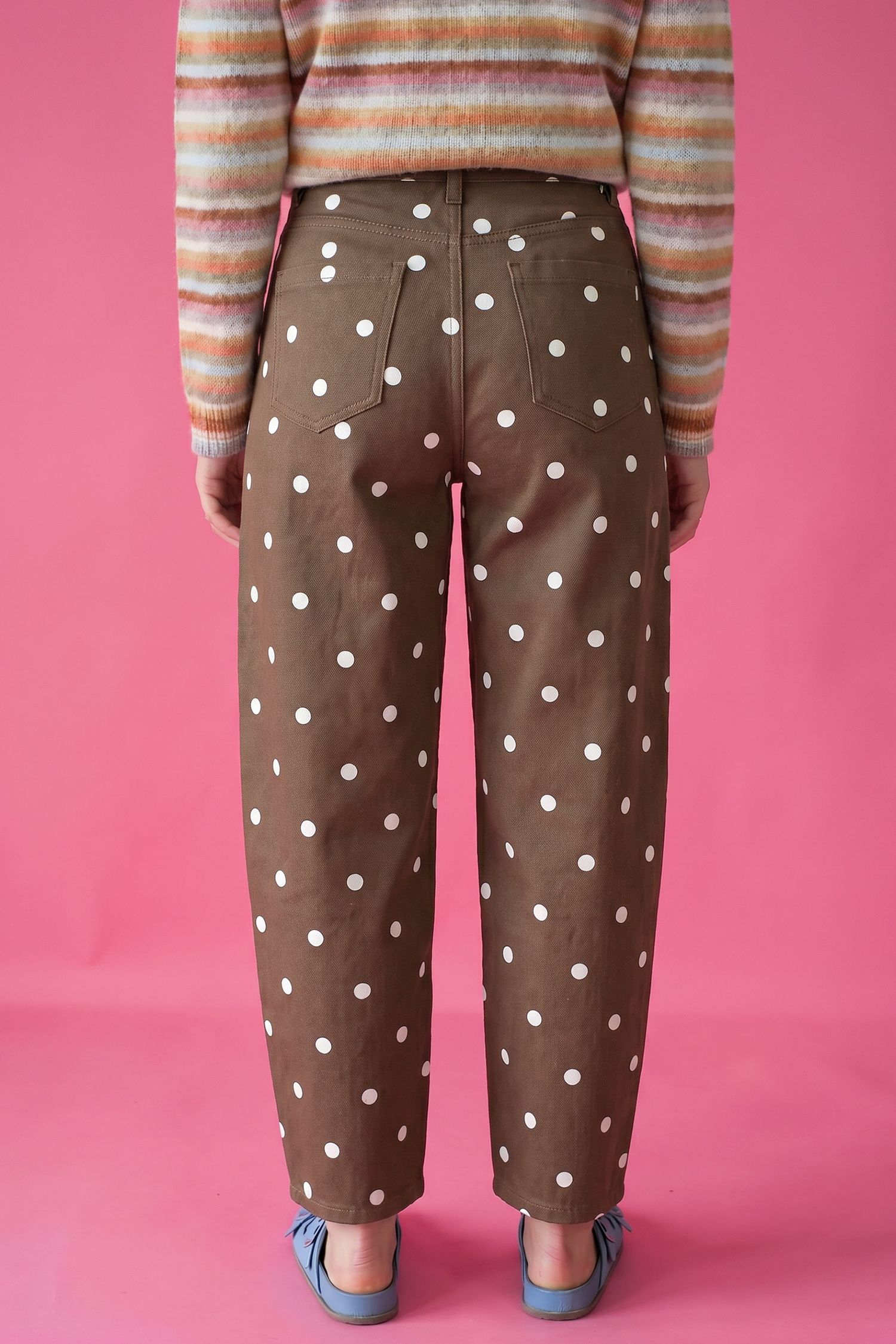 Brown Tailored Seam Polka Dot Print Barrel Casual Jeans - Image 3