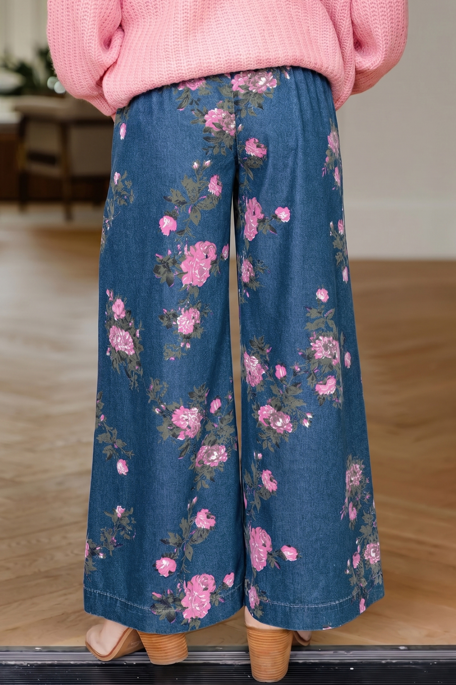 Blue Retro Floral Print Tie Elastic Waist Button Pintuck Wide Leg Jeans - Image 2