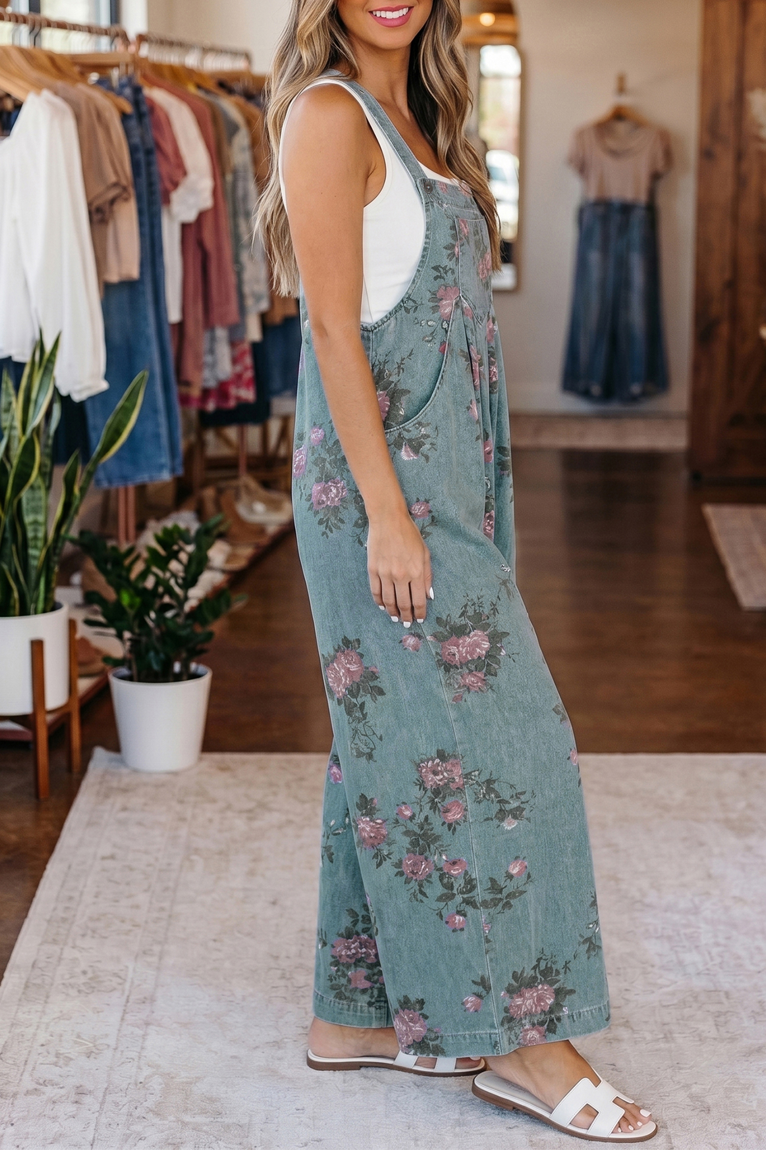 Gray Beau Floral Print Pleated High Waist Wide Leg Denim Jumpsuit - Image 8