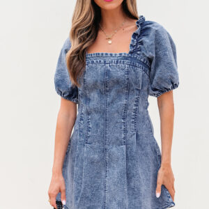 Blue Frilly Square Neck Bustier Puff Sleeve Short Denim Dress