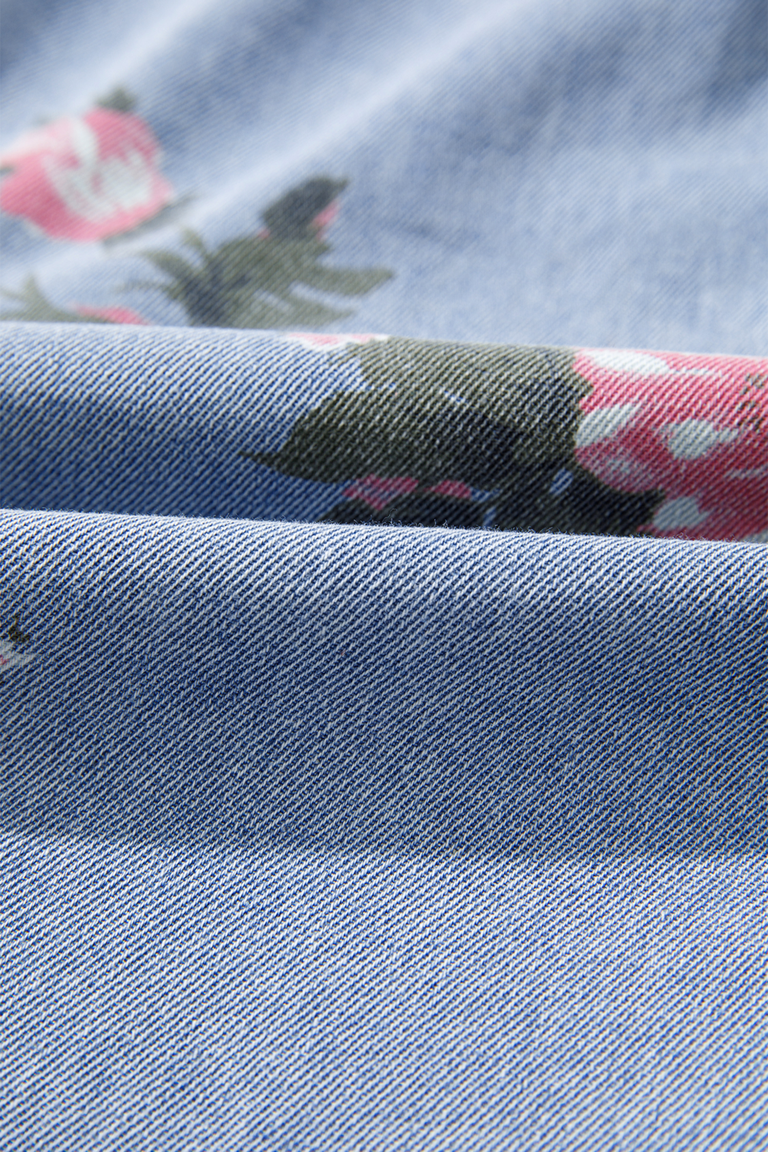 Sky Blue Denim Floral Print Cuffed Short Sleeve Button Down Shift Dress - Image 7