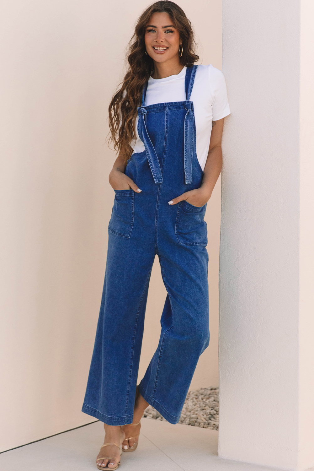 Prussian Blue Mineral Wash Knotted Strap Patched Pocket Wide Leg Denim Overall - Image 5