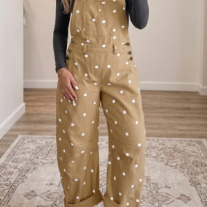Light French Beige Polka Dot Print Bib Pocket Denim Barrel Overalls Jumpsuit