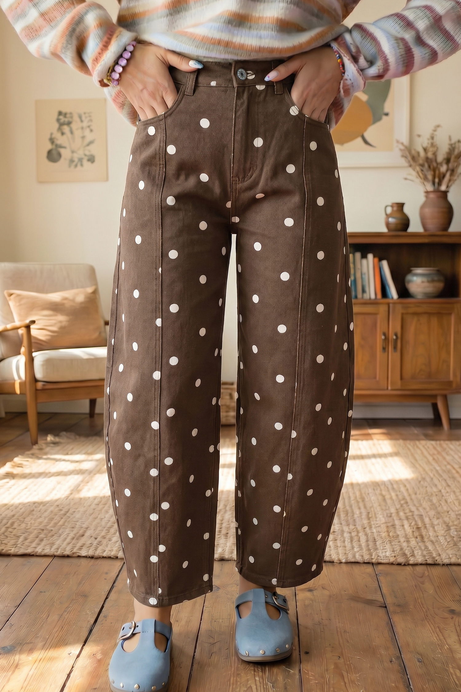 Brown Tailored Seam Polka Dot Print Barrel Casual Jeans - Image 2