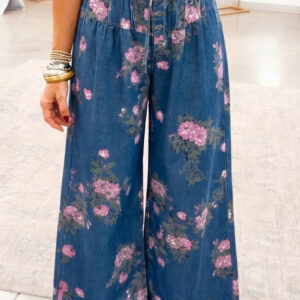 Blue Retro Floral Print Tie Elastic Waist Button Pintuck Wide Leg Jeans