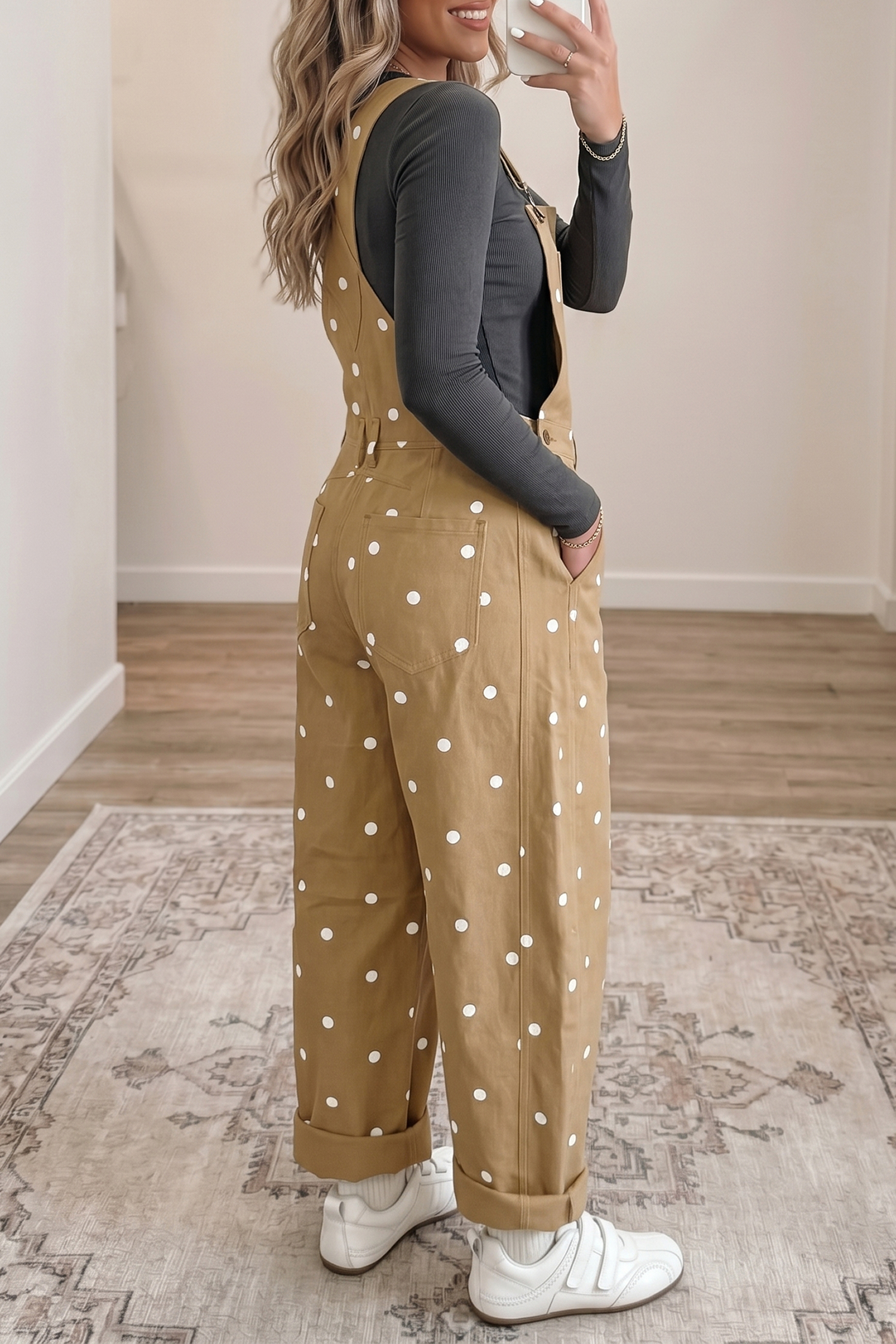 Light French Beige Polka Dot Print Bib Pocket Denim Barrel Overalls Jumpsuit - Image 2