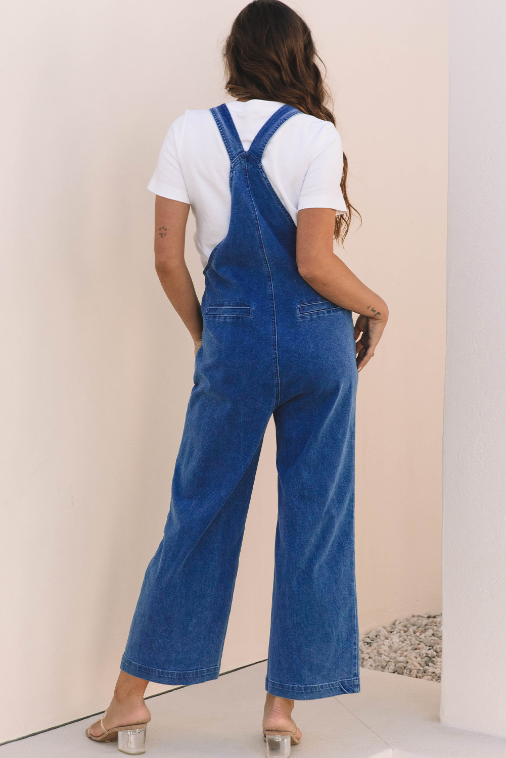 Prussian Blue Mineral Wash Knotted Strap Patched Pocket Wide Leg Denim Overall - Image 2