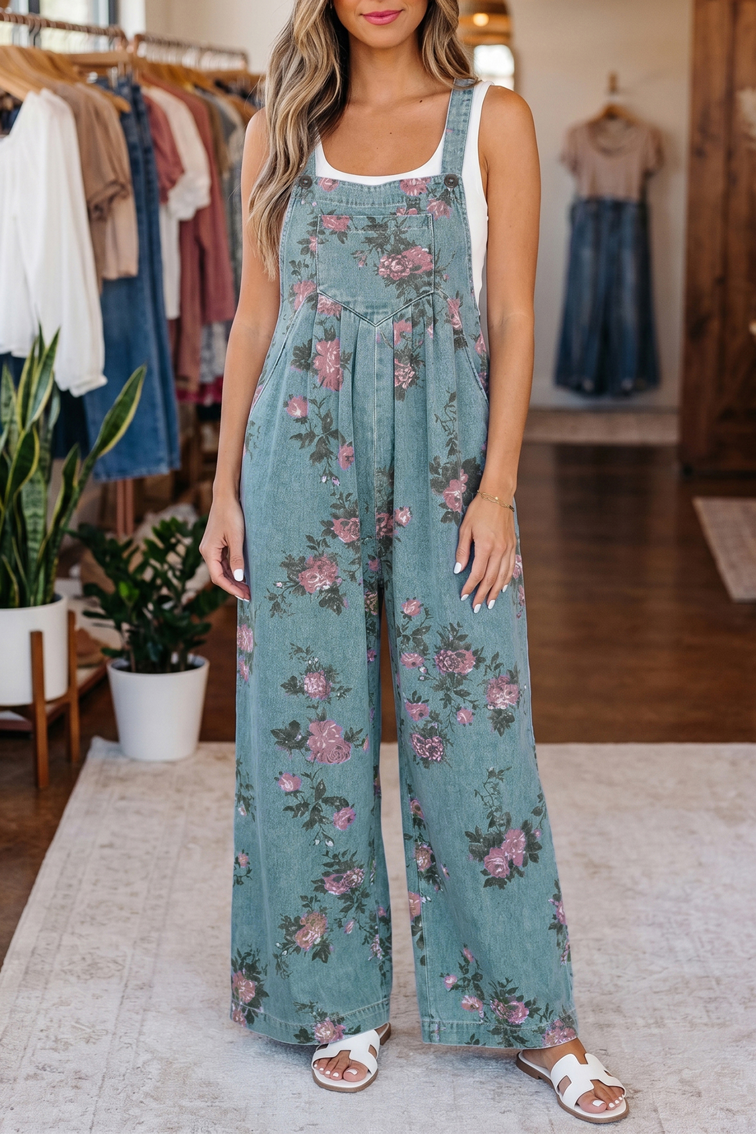 Gray Beau Floral Print Pleated High Waist Wide Leg Denim Jumpsuit - Image 7