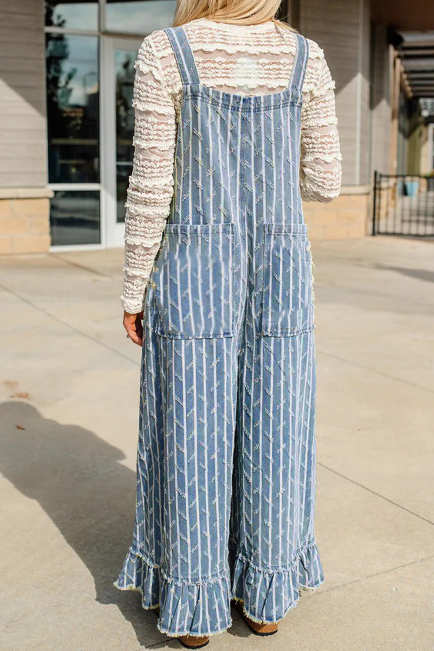 Myosotis Striped Distressed Ruffled Wide Leg Denim Overalls - Image 2