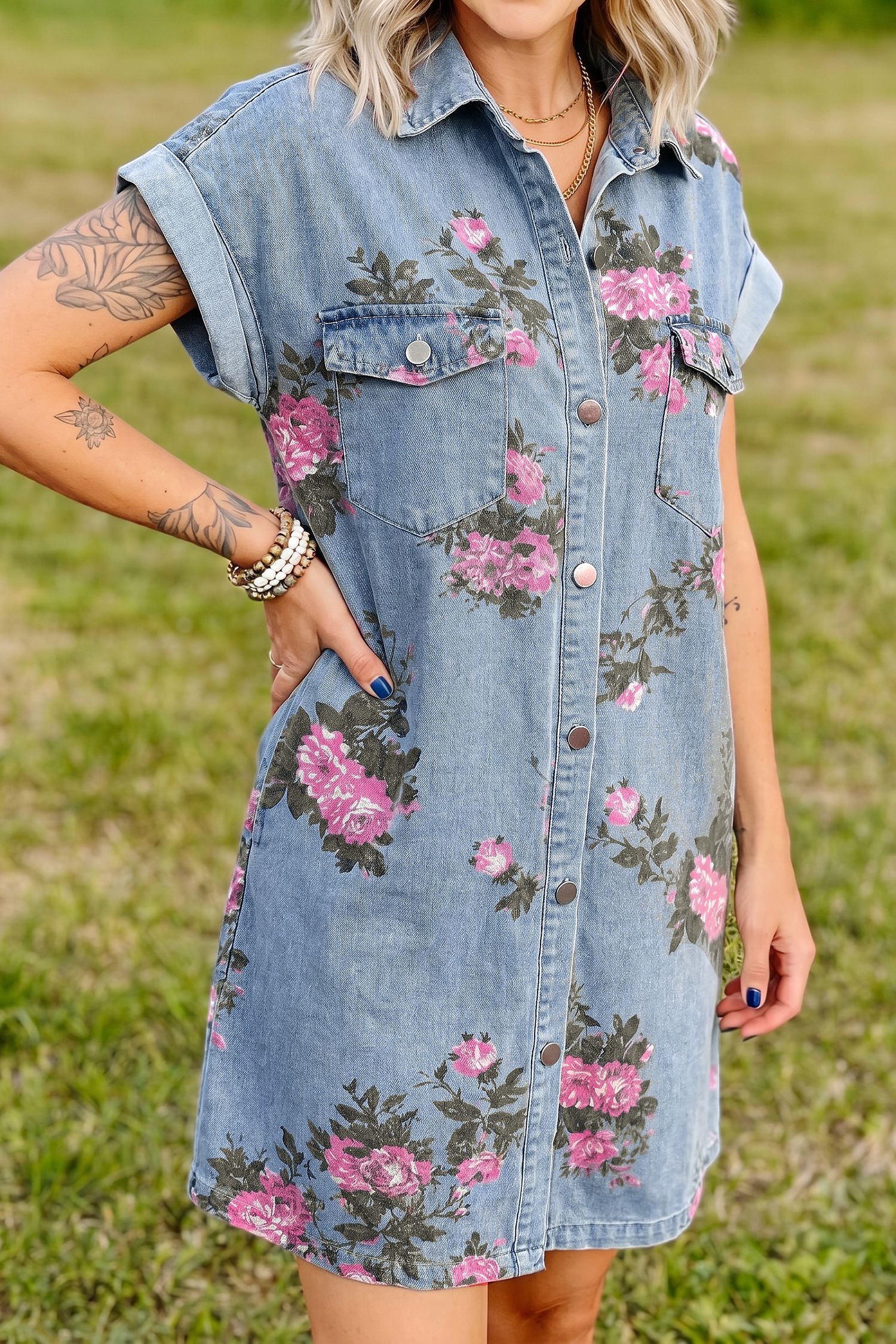 Sky Blue Denim Floral Print Cuffed Short Sleeve Button Down Shift Dress - Image 3