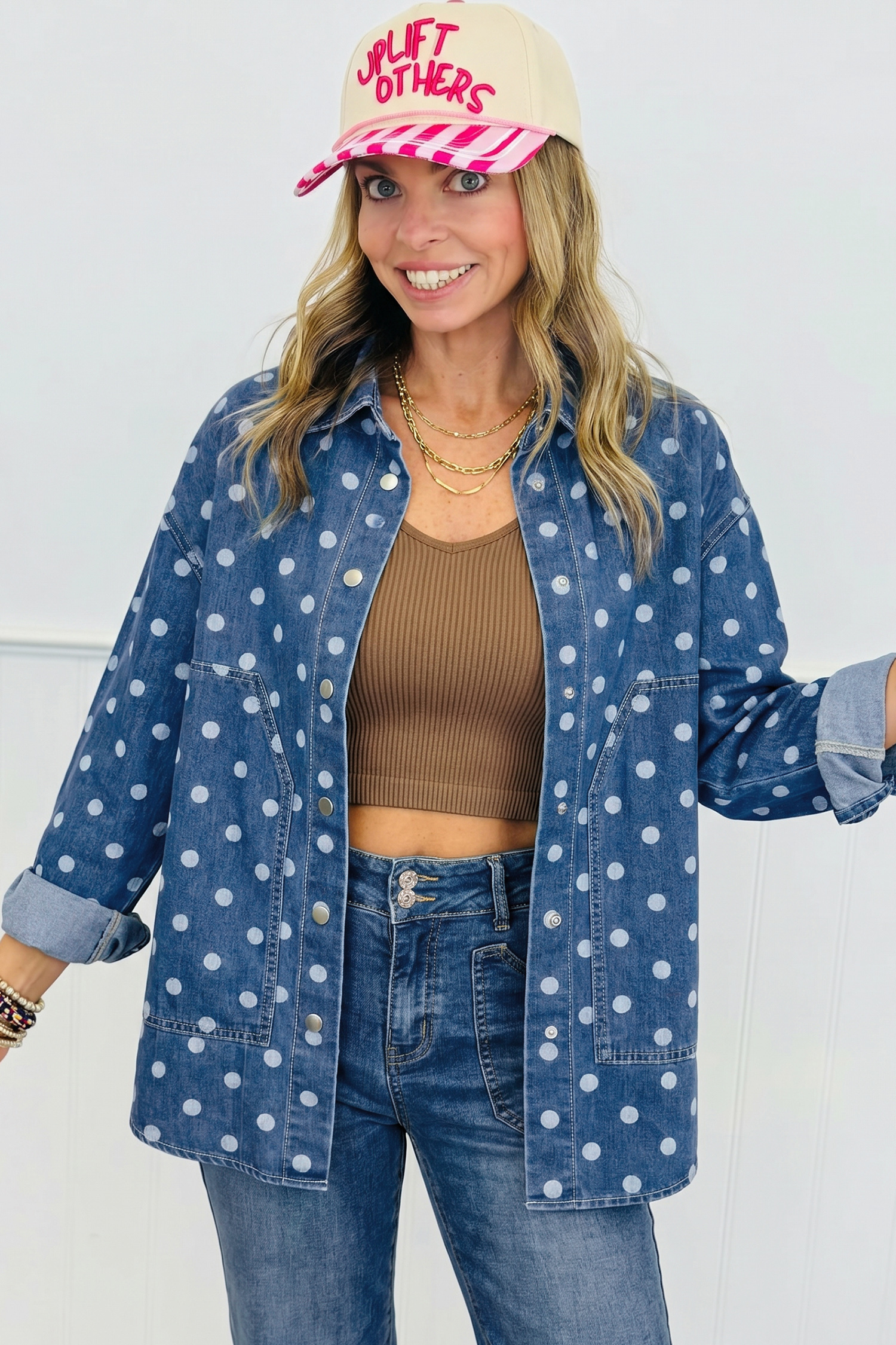 Blue Polka Dot Long Sleeve Collar Shift Tunic Denim Jacket - Image 3