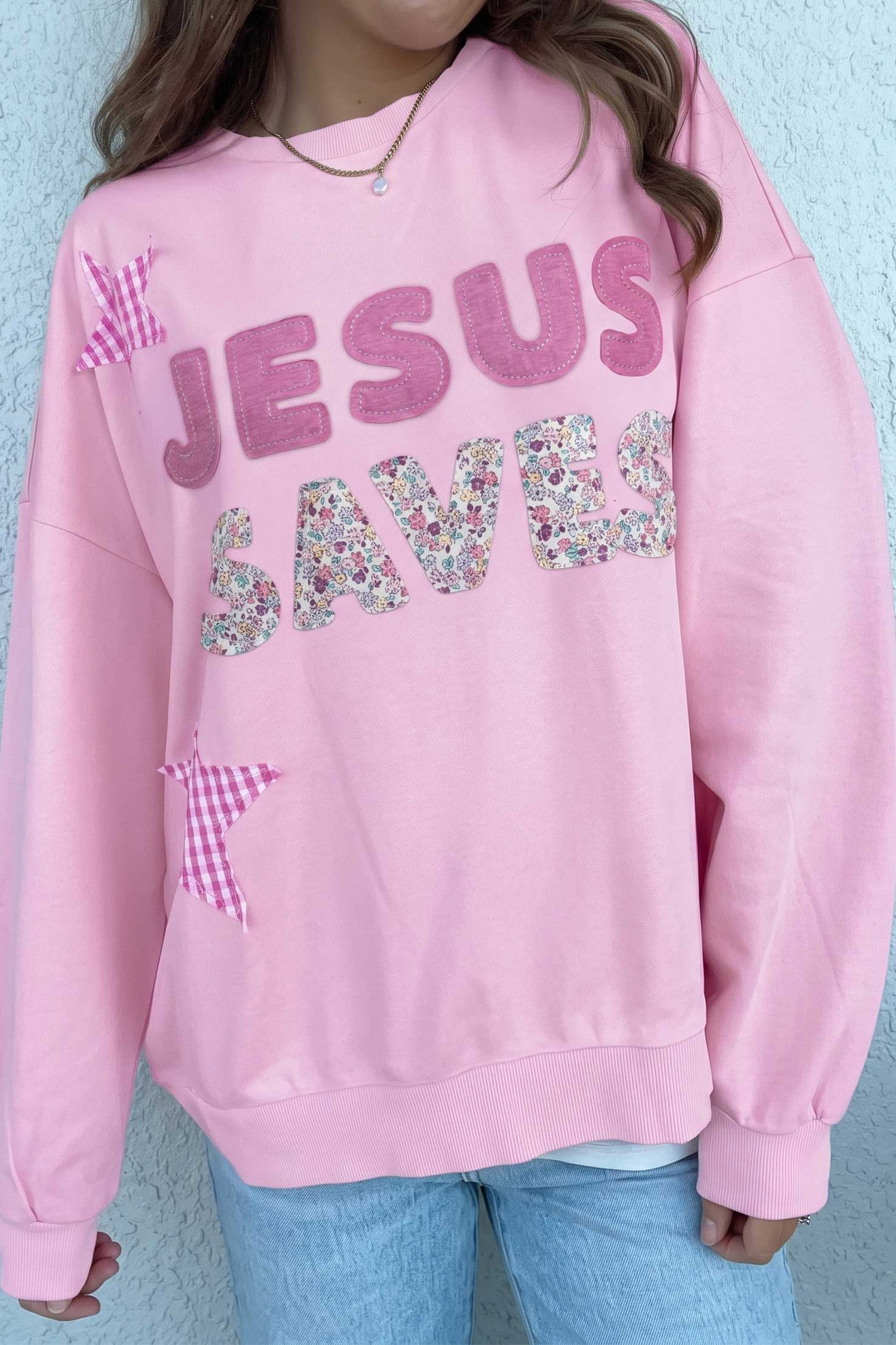 Pink Patchwork Stars Plaid Unique Floral Letters Baggy Sweatshirt - Image 9
